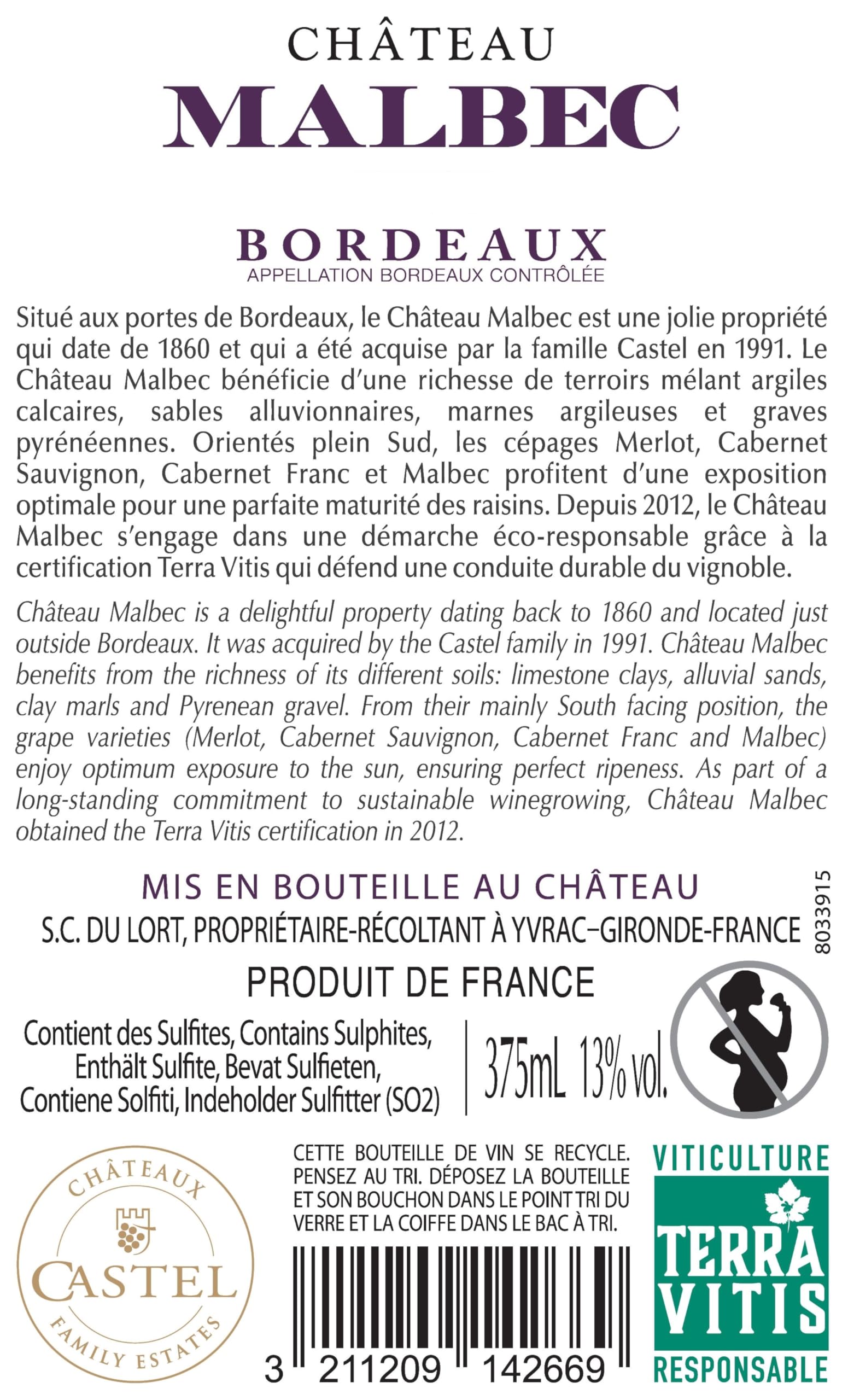 Castel Chateaux Grands Crus Château Malbec Vino Tinto, DOP Burdeos, Cosecha 2022, 6 botellas x 75 cl