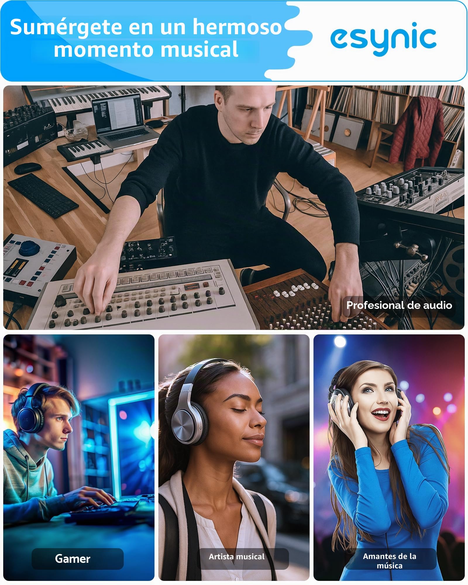 eSynic Amplificador HiFi para Auriculares con Receptor Bluetooth 5.1, Impedancia 16-300Ω, 2 Niveles de Ganancia, Batería Recargable de 1500mAh con Cable USB-C y Cable de Audio para MP3 Smartphone