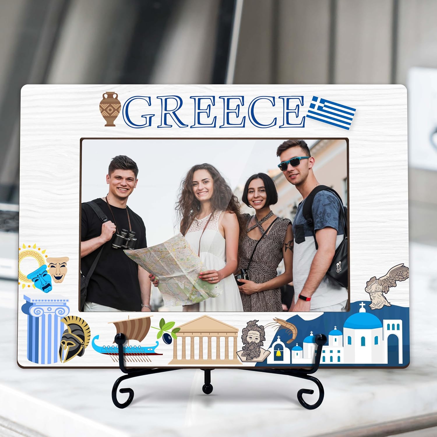 Greece Travel Picture Frame, Greek Wedding Honeymoon Souvenirs Gifts Photo Frames with Iron Stand for Home Office Indoor Table Shelf Display - F10