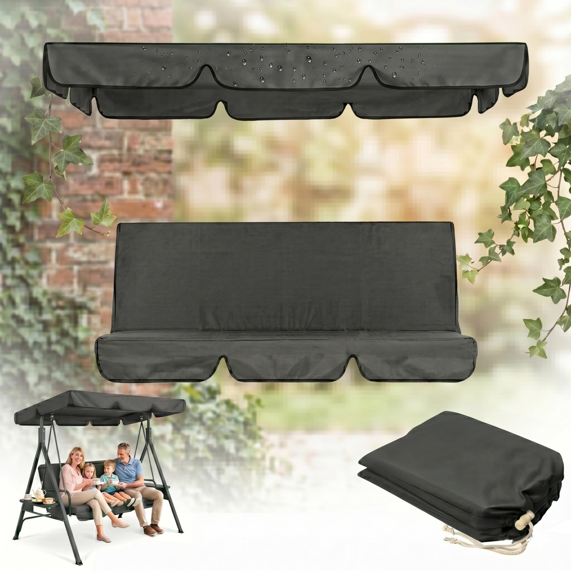 210d Garden Swing Canopy And Seat Cover Set, Heavy Duty Waterproof & Uv Resistant Replacement For 3-Seater Swing, 2-In-1 Outdoor Furniture Protector(grey,190*132*15cm+150*50*10cm)