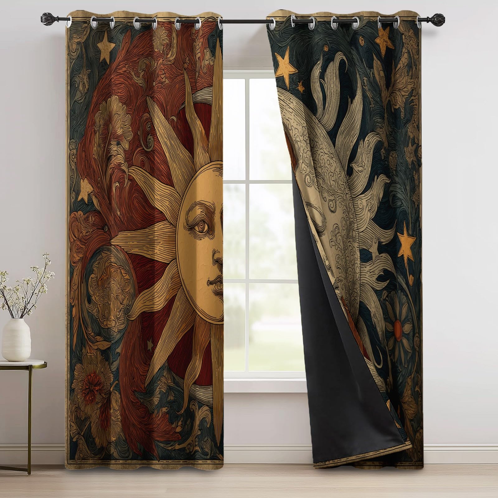 Cortinas Opacas Salon Modernas - Retro Sol Luna Termicas Aislantes Cortinas Corredizas con Ojales, Negro 2 Piezas para Dormitorio Habitación de los Niños 117 An x 229 Al cm