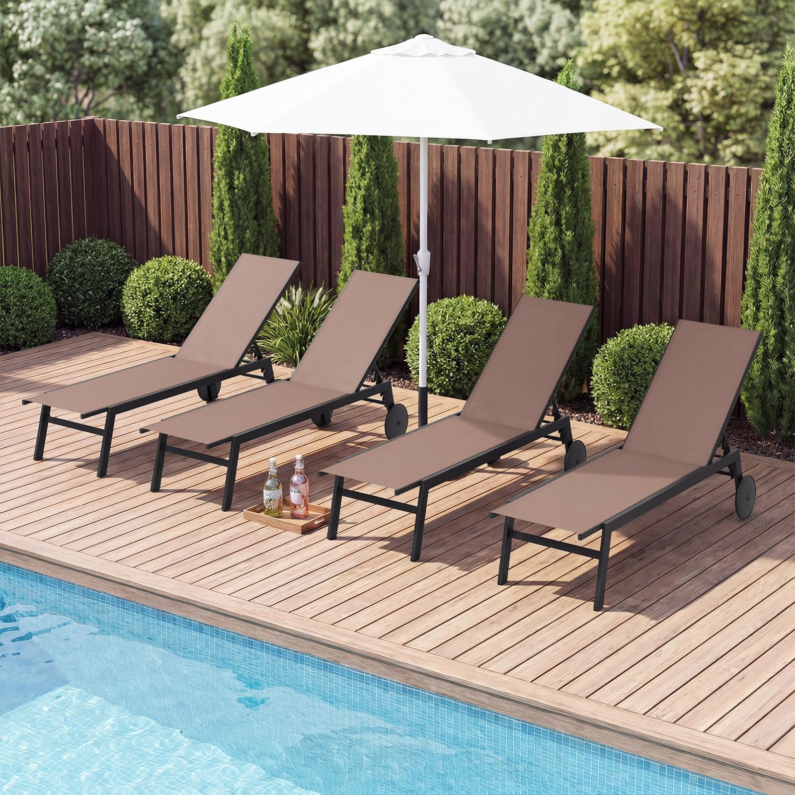 GIANTEX Juego de 1/2 Tumbonas de Jardín con Ruedas, Silla Reclinable de Metal con Respaldo Ajustable en 6 Posiciones, Tejido Transpirable, Tumbona para Piscina, Playa, Balcón (1, Marrón)