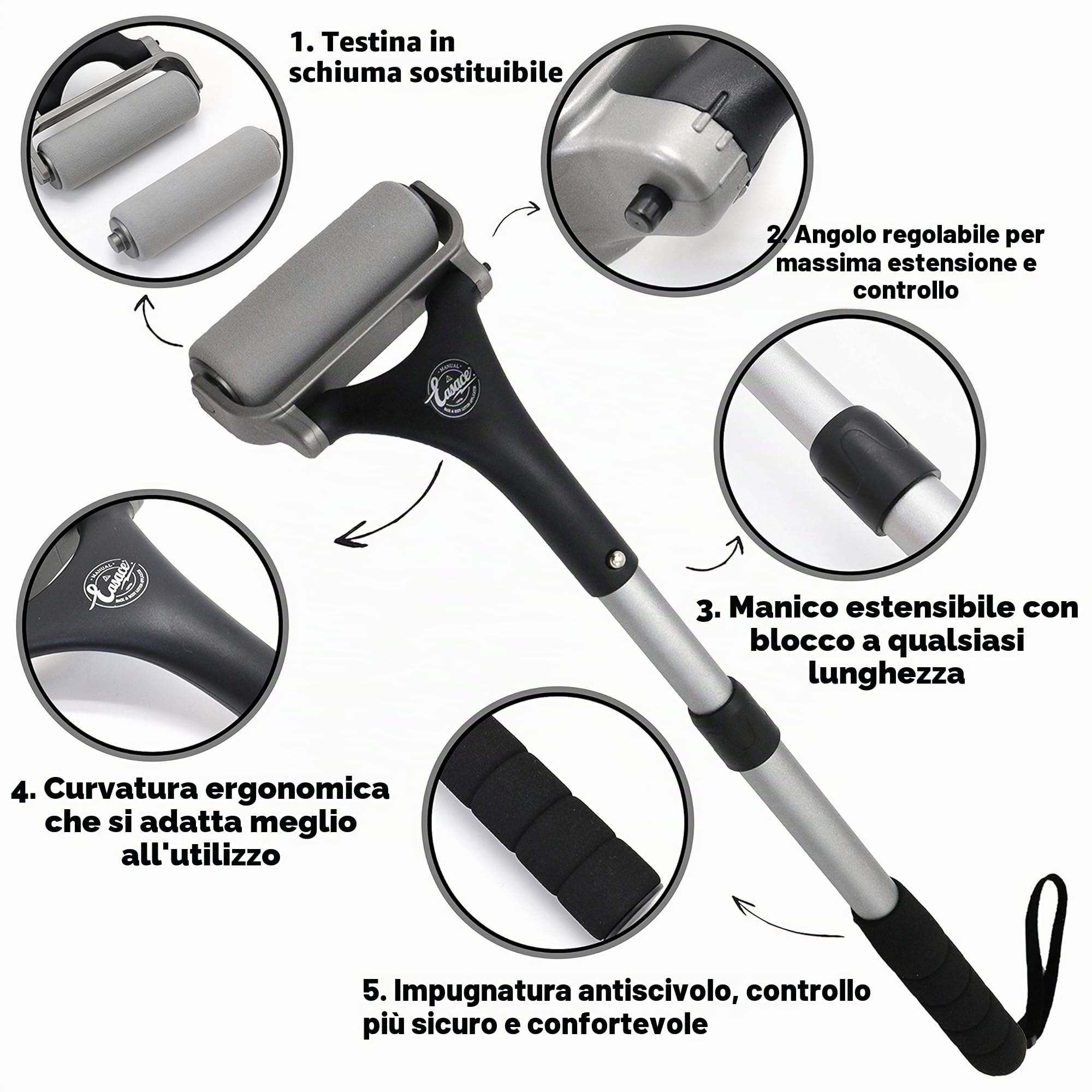 EASACE Applicatore di lozione per schiena e corpo, facile auto applicazione di doccia bagno doccia spazzola per bagno, crema per la pelle, abbronzatura（argento）