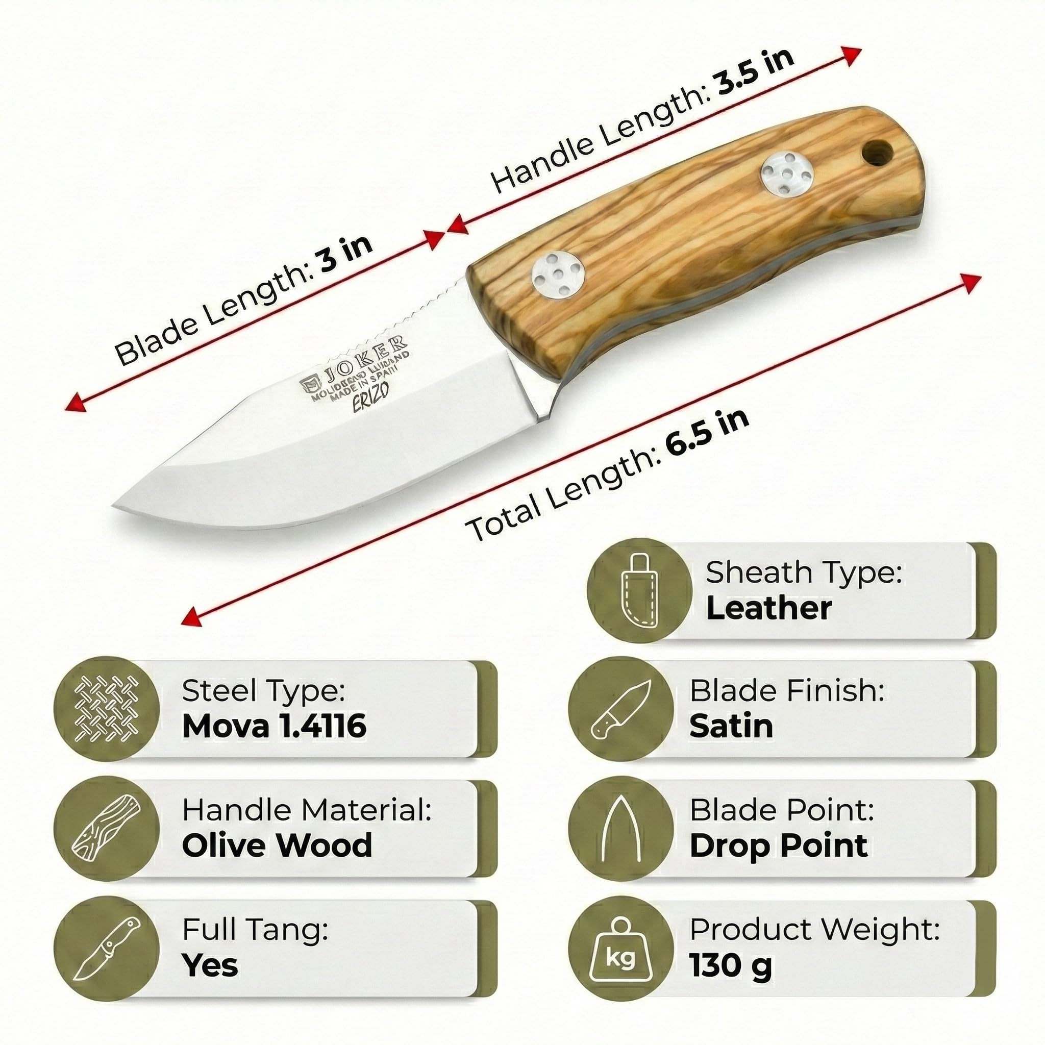 joker Coltello da caccia Riccio con Coltello Bushcraft in legno d'ulivo e lama in acciaio inox MOVA 7,5 cm, 130 grammi, CO75 per la pesca, la caccia, l'escursionismo, il campeggio