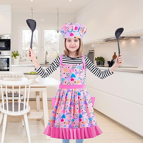 Miniatura 6 de MHJY Juego de delantal para niñas, falda plisada vintage, delantal de cocina ajustable con bolsillos para hornear y cocinar