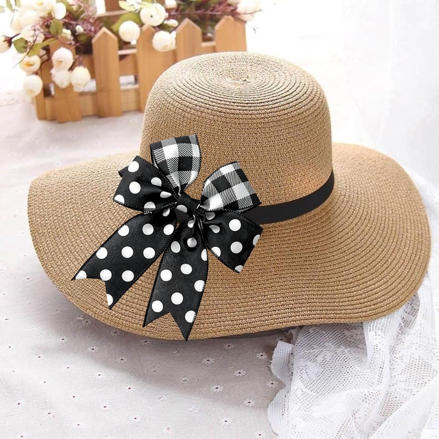 3 Rolls Burlap Wired Ribbons Farmhouse 15 Yards Stripe Dot Buffalo Plaid Pattern Wrapping Black and White Ribbon for DIY Wreaths Crafts Party Home Decoration, 2.5 Inch x 15 Yards