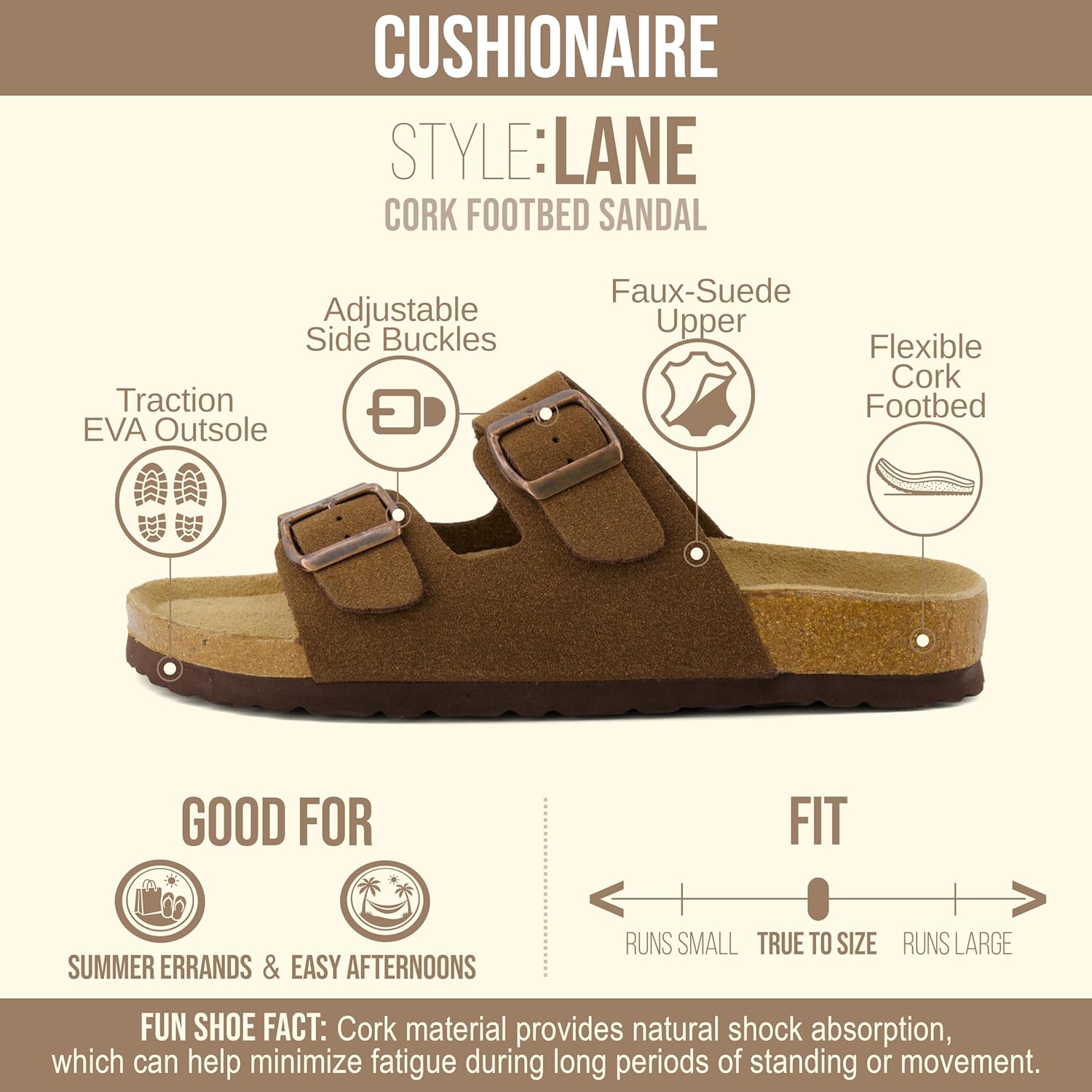 CUSHIONAIRE Lane Cork Footbed Sandals for Women – Comfortable Double Buckle Slip-On with Genuine Suede Footbed & Arch Support Slides for Women Footwear