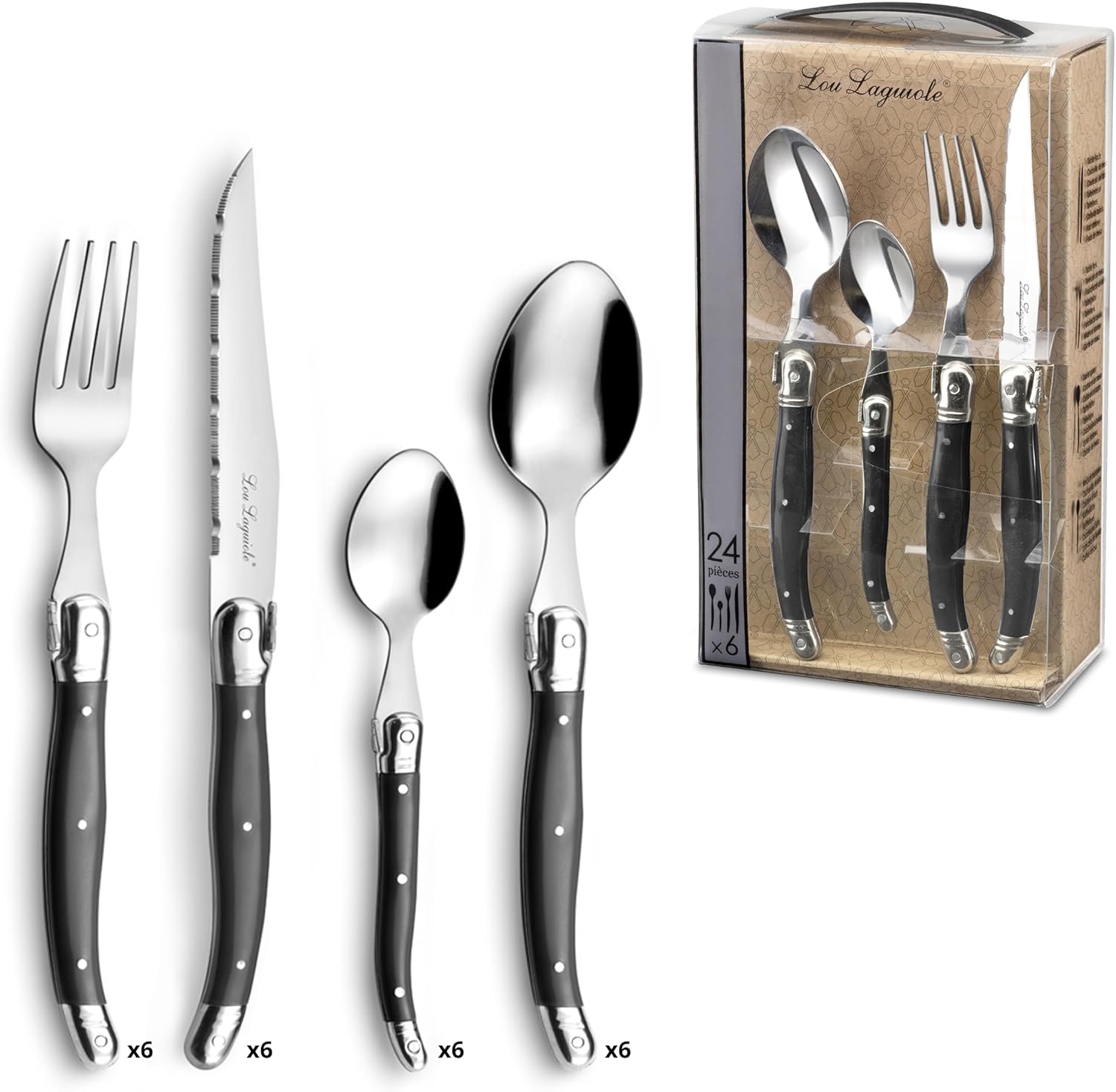 Amefa Silverware Set - 24-Piece, Anthracite Grey Tableware - Stainless Steel Flatware Set with Forks & Spoons & Grapefruit Knives - Rust-Resistant, Dishwasher Safe Utensils