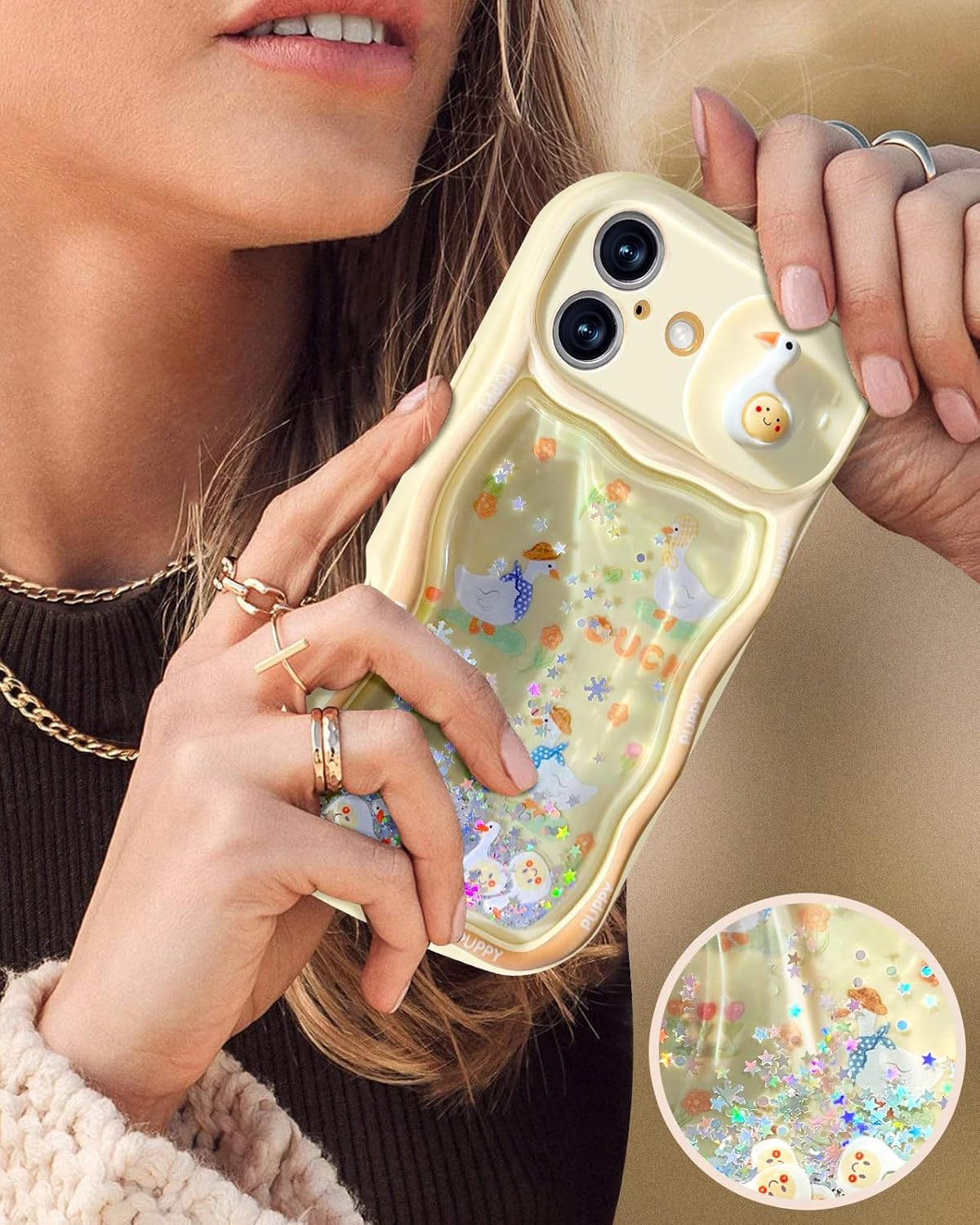 Toycamp for iPhone 16 Case 6.1 Inch - Women Girls Cute Phone Cover Duck with Sliding Camera Cover Pretty Girly Glitter Aesthetic Kawaii Unique Design Flowing Liquid Quicksand Case for iPhone 16 - Image 3