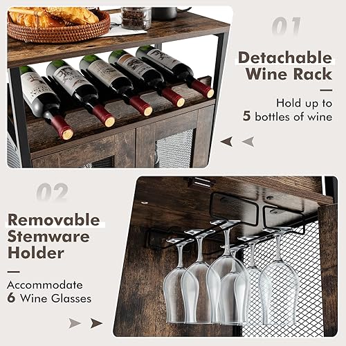 Miniatura 5 de PETSITE Gabinete de bar de vino gabinete de licor para el hogar con estante de vino extraíble y soporte de vidrio gabinete de barra de café con