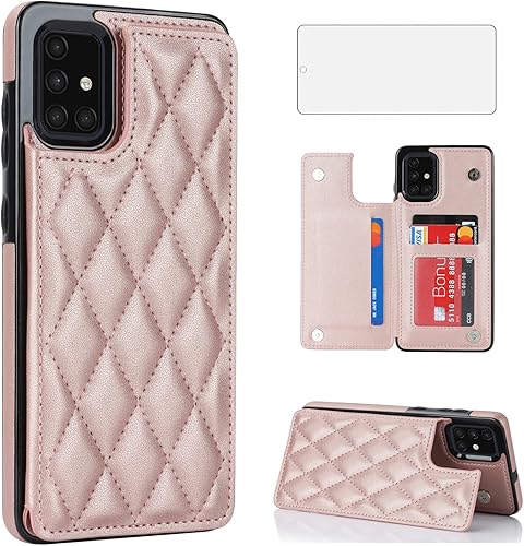 Asuwish Funda de teléfono para Samsung Galaxy A51 4G con protector de pantalla de vidrio templado y soporte de tarjeta de crédito RFID de cuero,