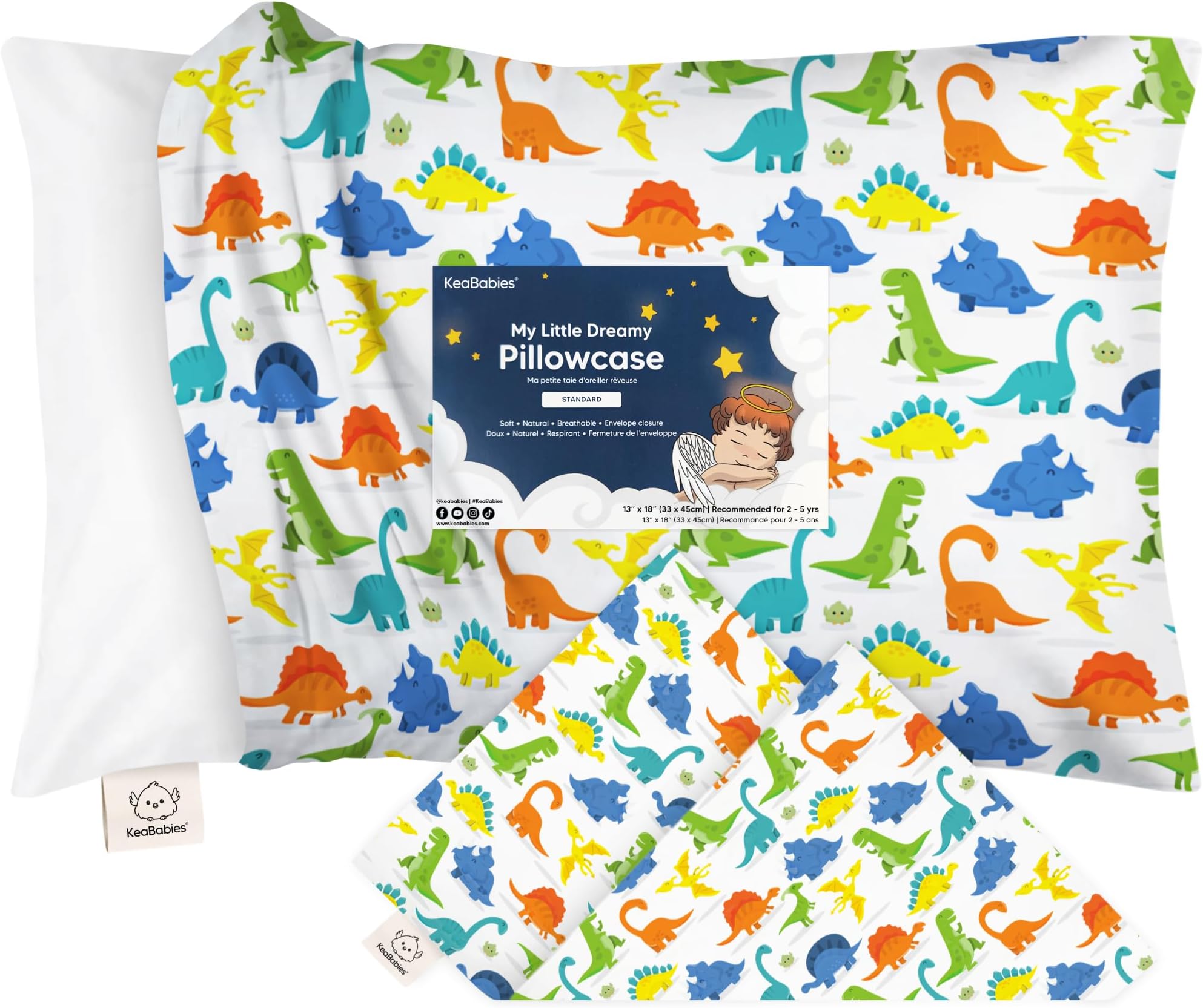 KeaBabies Toddler Pillowcase 13"x18" - Organic Cotton Toddler Pillowcase for Kids, Boys,Girls,Soft & Durable Cotton Cover for Miniature Sleepy Pillows,Cute Colors,Pillow Sold Separately(Happy Dino)