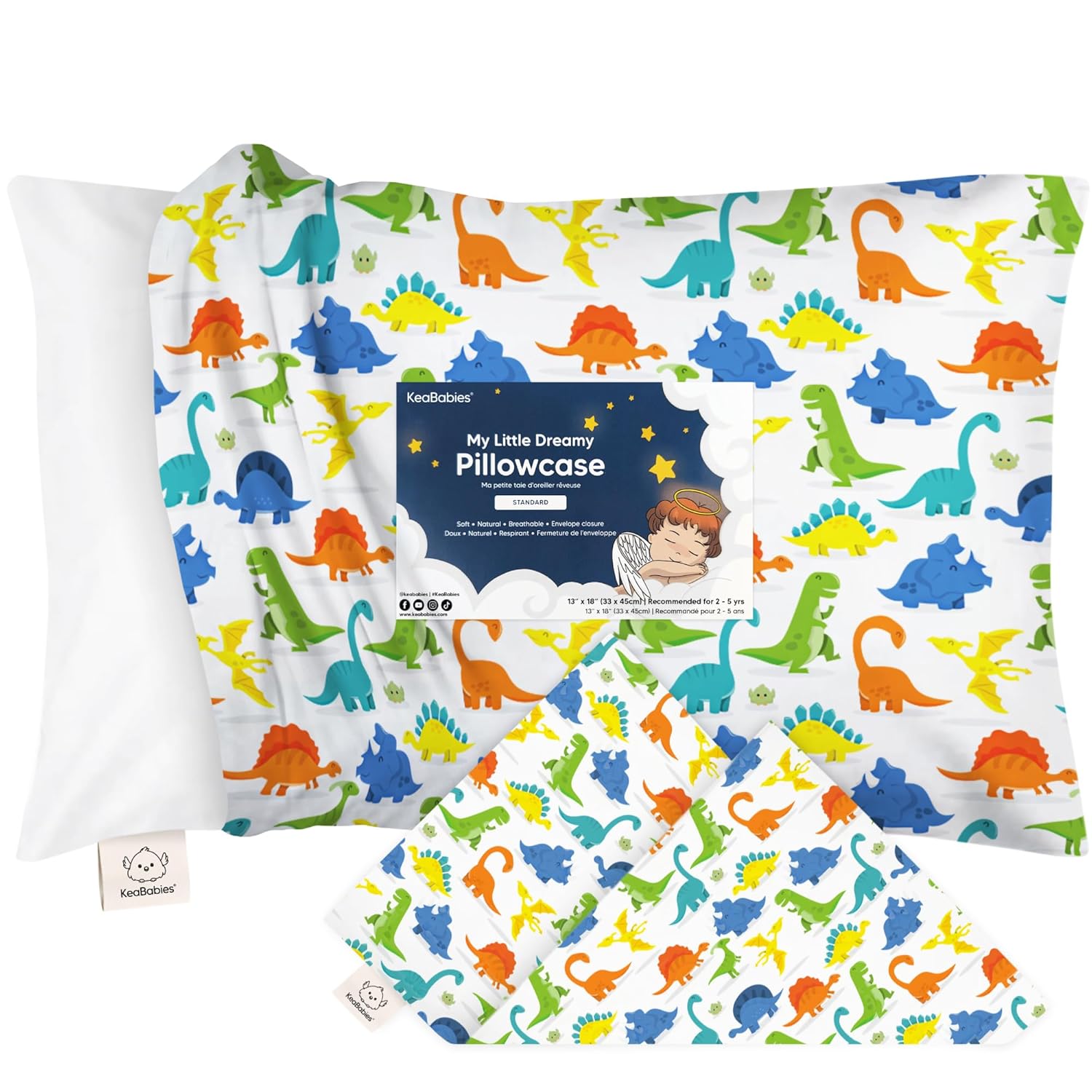KeaBabies Toddler Pillowcase 13"x18" - Organic Cotton Toddler Pillowcase for Kids, Boys,Girls,Soft & Durable Cotton Cover for Miniature Sleepy Pillows,Cute Colors,Pillow Sold Separately(Happy Dino)