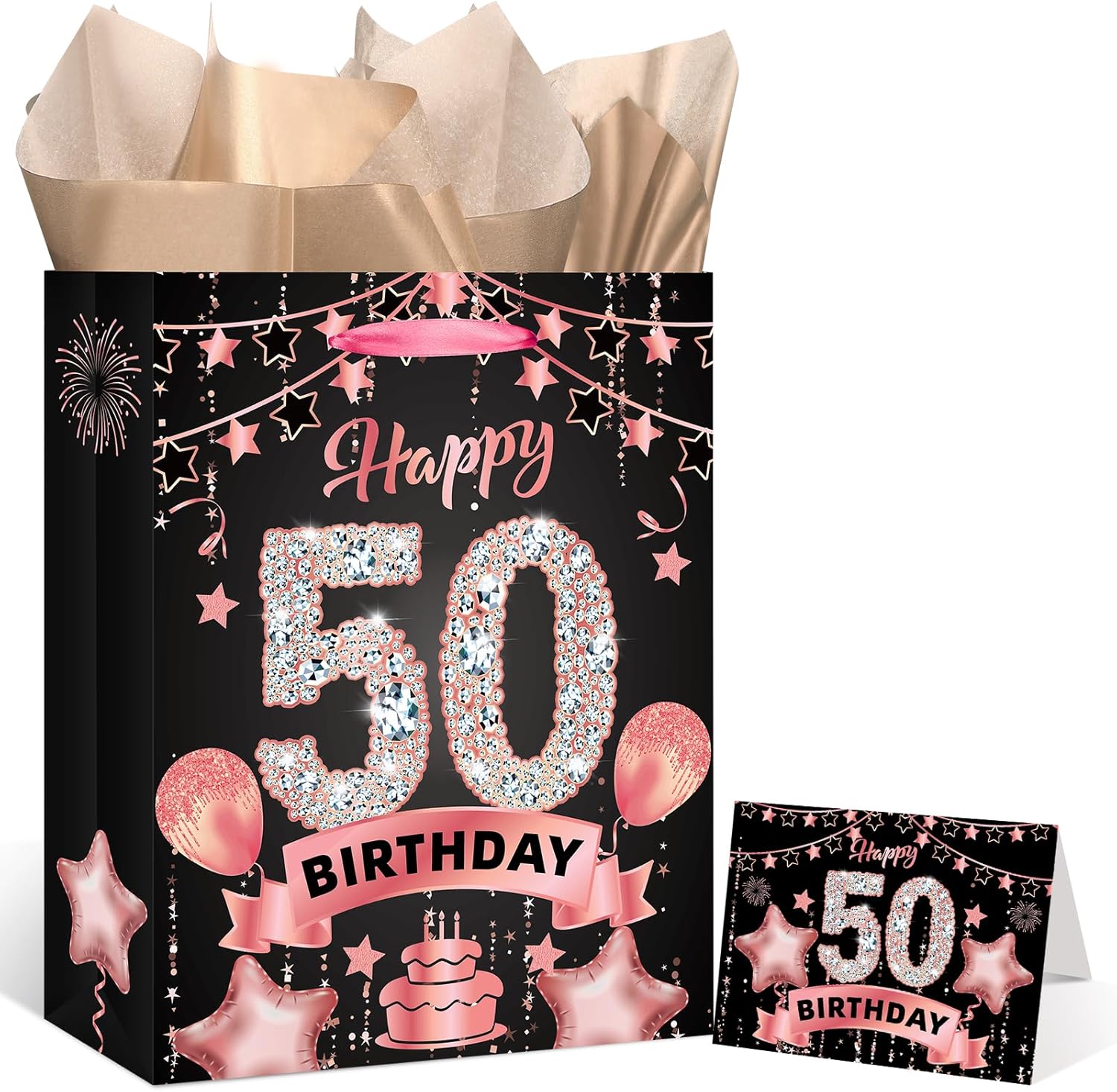 Rumia Rose Gold 50th Birthday Gift Bag with Happy 50th Birthday Greeting Card and Tissue Paper for Women Rose Gold Christmas 50th Bday Gift Wrap Bag for 50 Years Old Party Decorations Supplies