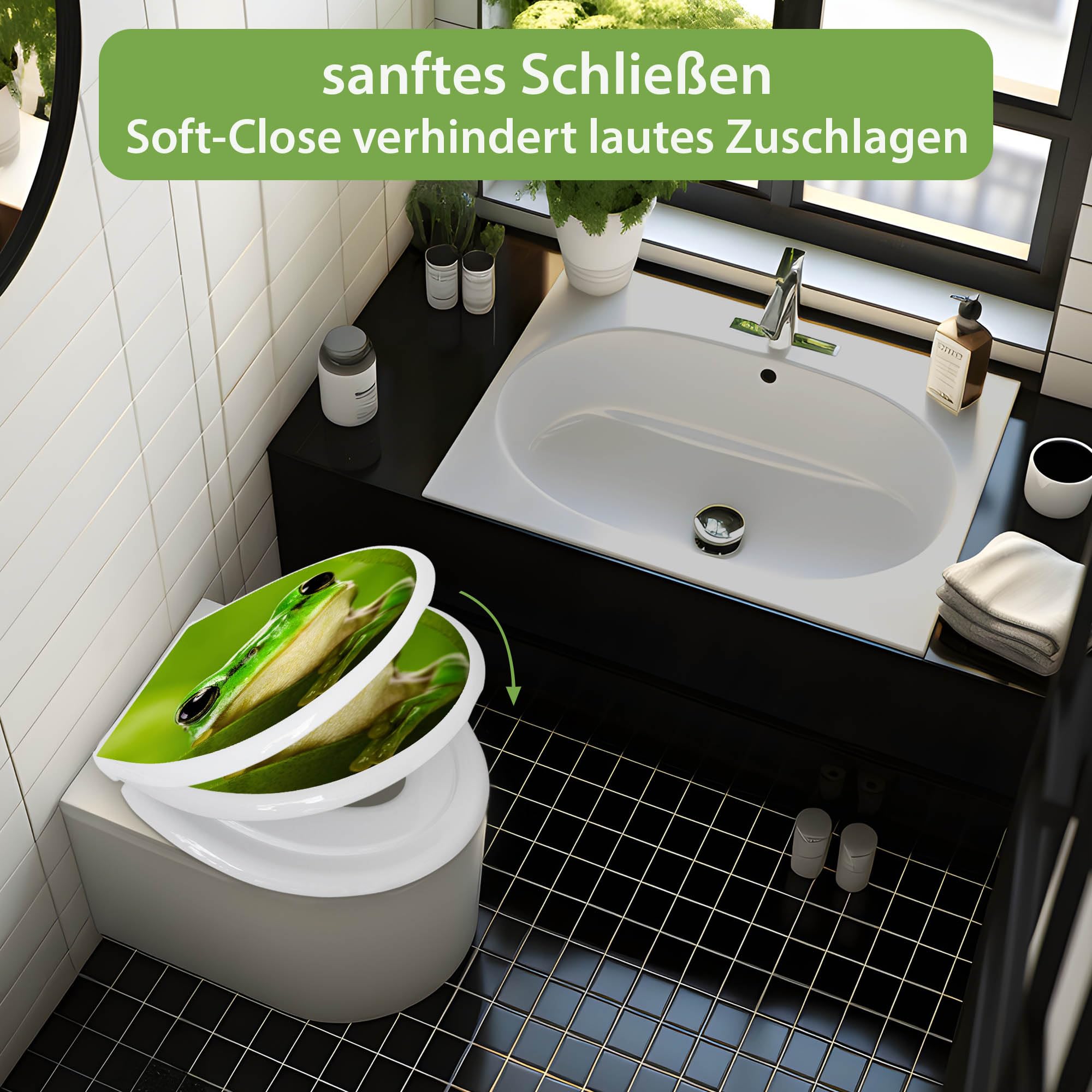 banjado Familien WC Sitz mit Absenkautomatik 44,9x37,1cm - Klobrille mit Kindersitz aus hochwertigem Polypropylen - Toilettendeckel mit Kinder Toilettensitz integriert - Motiv Frosch