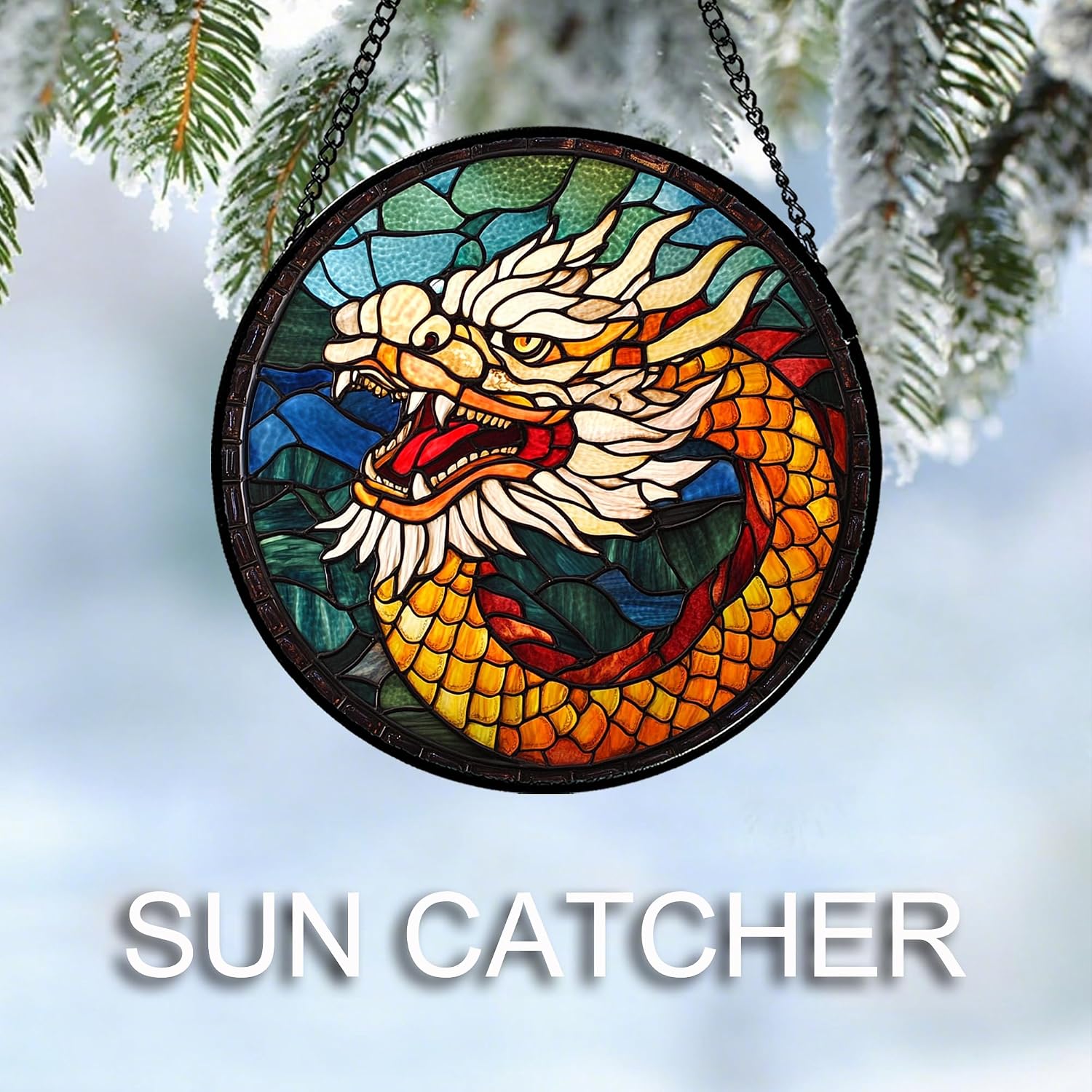 CHATYOUNG Stained Glass Window Hanging Red Dragon Picture Large 11.8" - Retro Suncatcher Door Garden Home Decor and Christmas Father Mother's Day Birthday Gifts for Grandma Mom Women Men Kids Friend