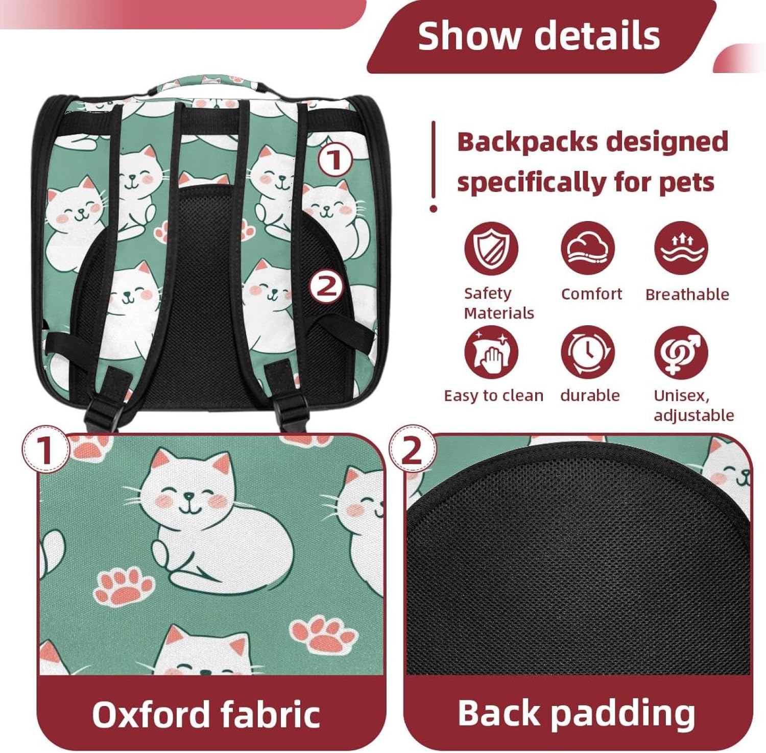 Portable Travel pet Backpack Carrier Hamster Bag Small Dog cat Carrier Breathable Hang Bag, White Cats with Paws (9)