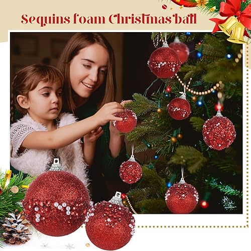 Miniatura 13 de Poen Juego de 24 adornos de bolas de Navidad con brillantina para colgar en el árbol de Navidad, bolas de Navidad de espuma con lentejuelas, Oro rosa