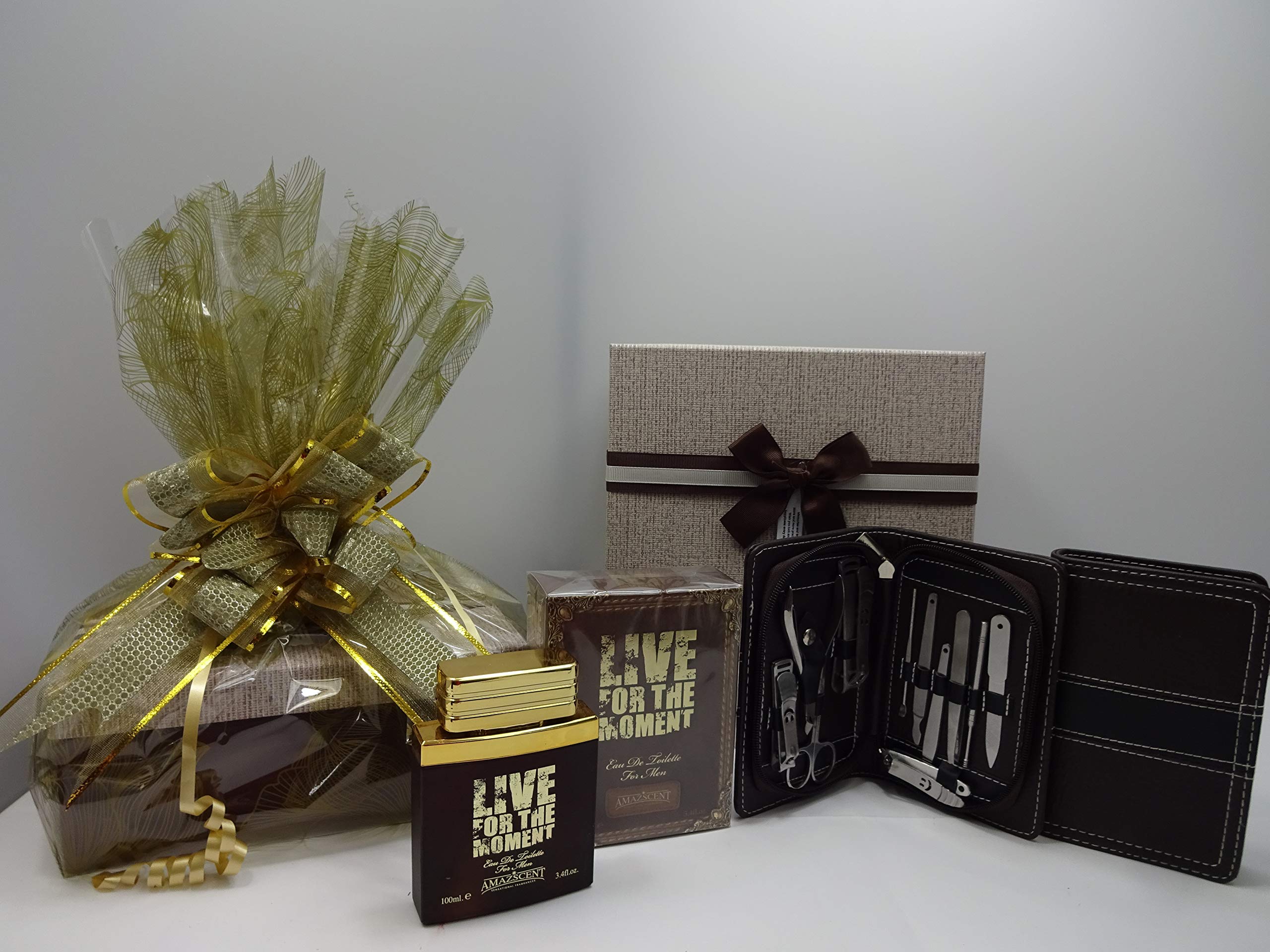 Coffret cadeau de luxe pour homme, Live For The Moment edt pour homme, parfum sensationnel Amazscent 11 pièces en acier inoxydable, kit de manucure personnel dans un coffret cadeau