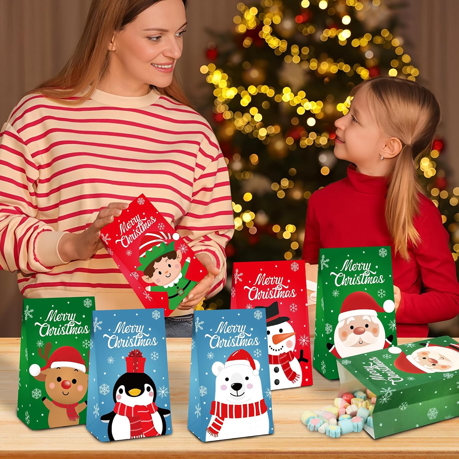 30 PCS Christmas Paper Treat Bags Merry Christmas Small Paper Gift Bags with Stickers Santa Claus Snowman Candy Goodie Kraft Bag for Xmas Holiday Party Favors Supplies image 5