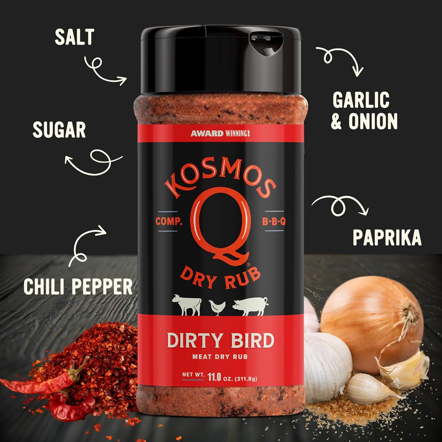 Kosmos Q Dirty Bird BBQ Dry Rub, Sweet and Spicy Seasoning with Brown Sugar, Red Pepper, Garlic & Paprika For Chicken Wings, Ribs, Pulled Pork, Dry Rub For Smoking & Grilling, 11 Oz Shaker Bottle - Image 3