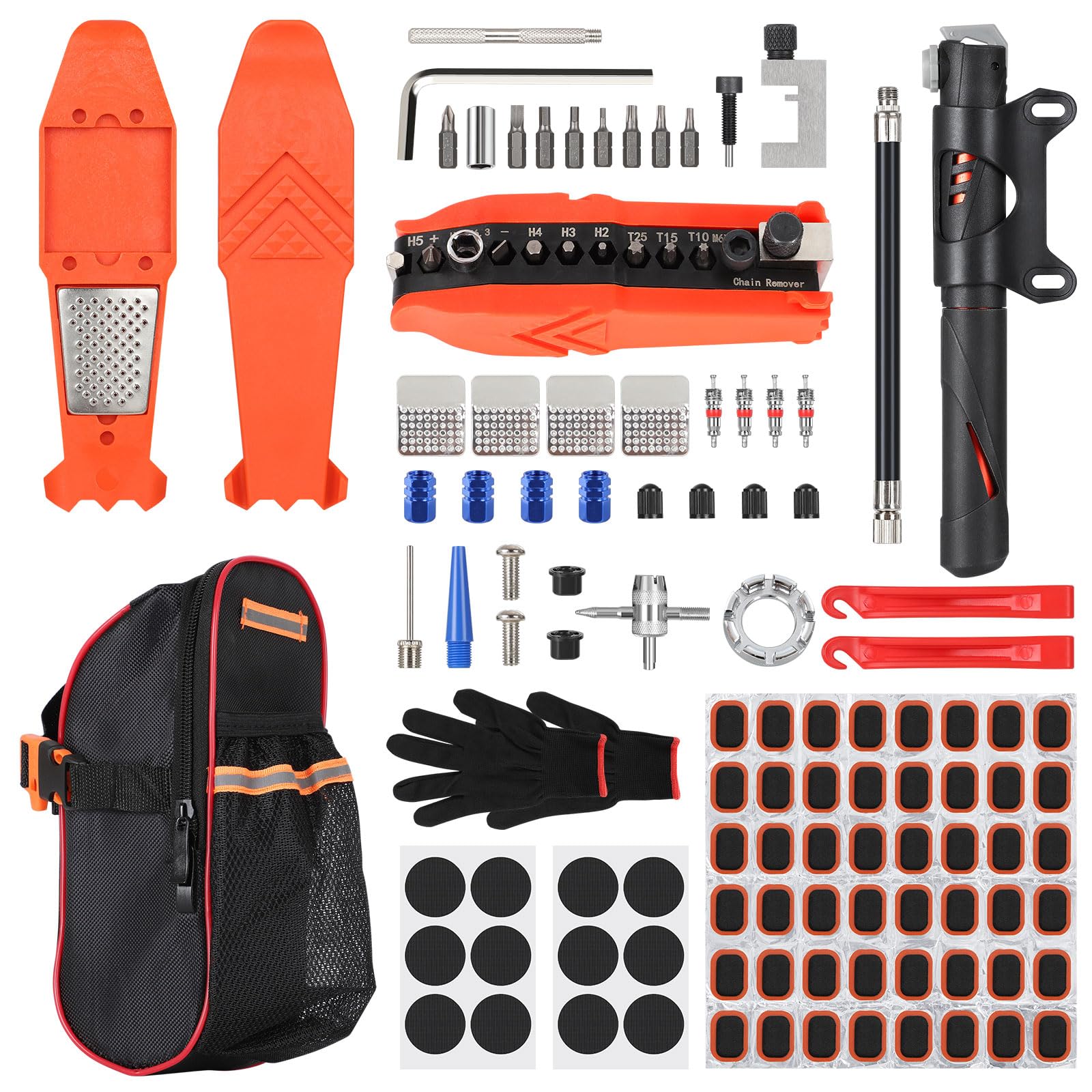SHYOSUCCE 110-teiliges Fahrrad Reparatur Set und Werkzeuge mit satteltasche,Unterwegs Fahhradtasche und Notfallwerkzeug Flickzeug,17-in-1 Fahrrad Multitools, Fahrradpumpe, Reifenheber für Fahrrad