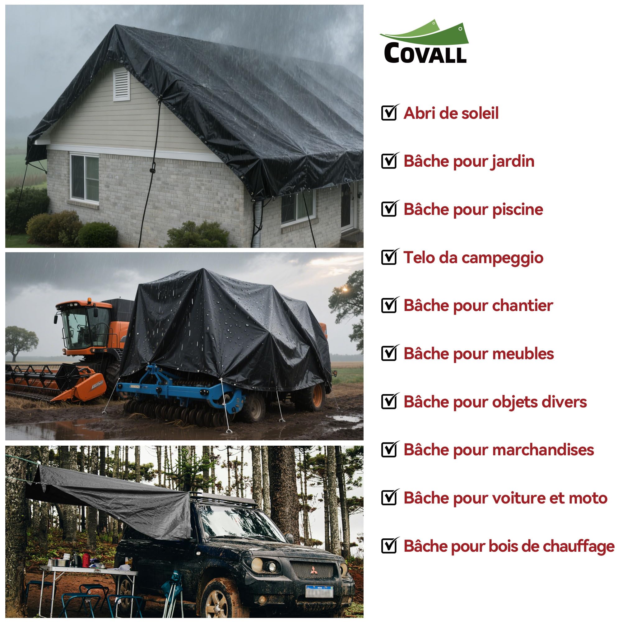 bâche Noire imperméable 115g/m² 2x3m, Protection extérieure, Anti-UV, Anti-déchirement, œillets métalliques Tous Les 50cm, Fixation Facile, pour Jardin, poulailler, Bois, Piscine, toiture