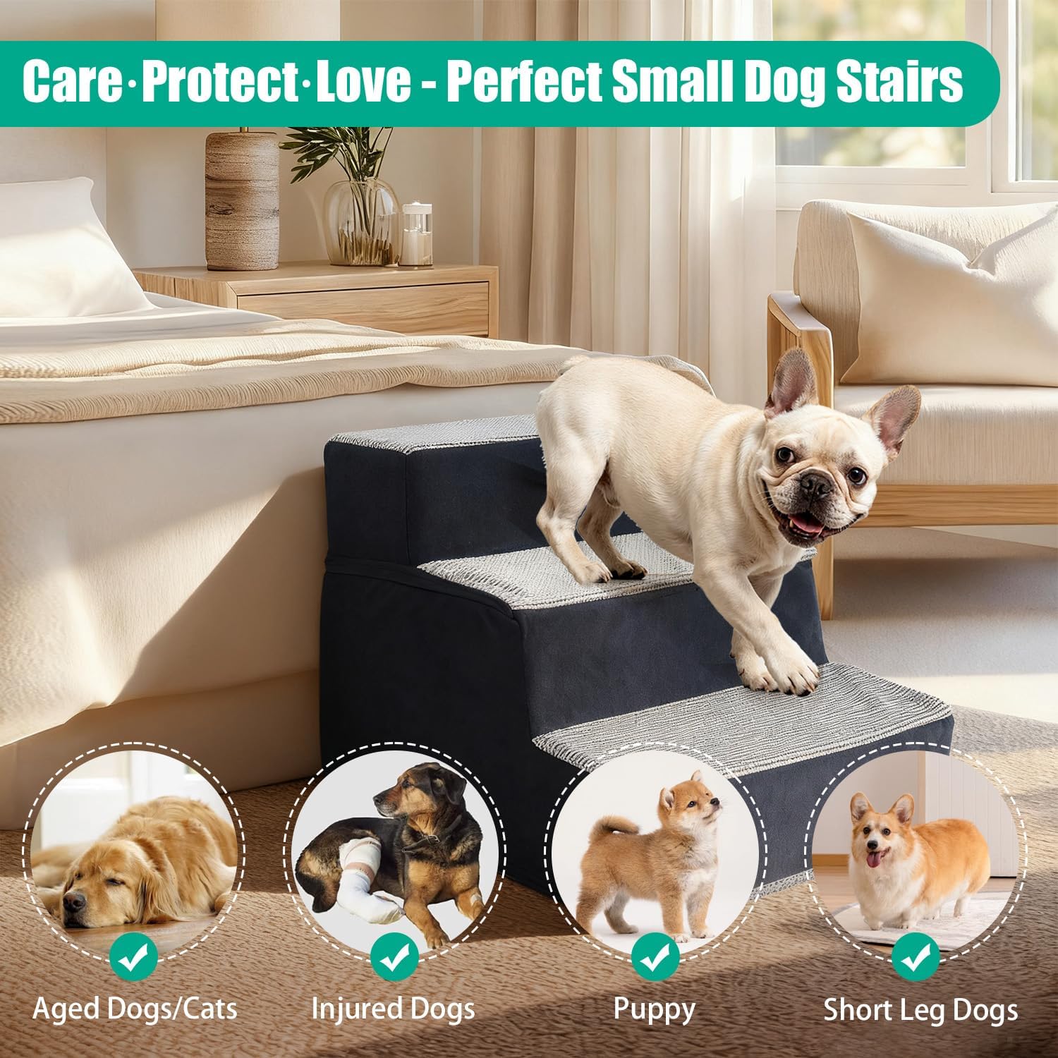 Dog Stairs for Small Dogs 13.6" H, Non-Slip Pet Stairs Ramp for Small Medium Dogs and Cats, Doggy Steps for Bed, Couch or Chair, High Density Foam Indoor (Grey, 15"x18"x13.6, 3)
