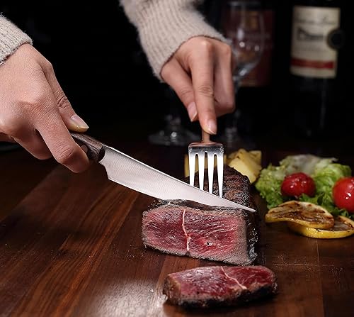 Miniatura 3 de Juego de 8 cuchillos de carne de alta calidad en caja de regalo, mango de madera de wengué de espiga completa, acero inoxidable alemán HC, borde