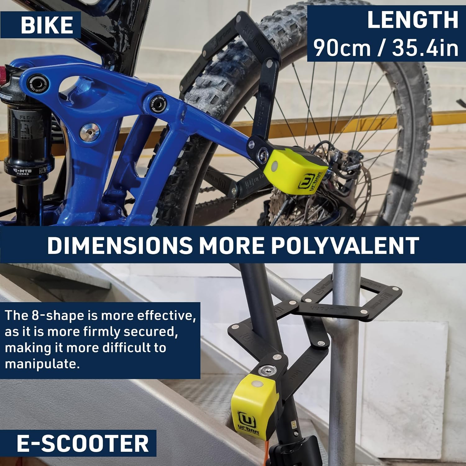 All included components of the URBAN UR476Y bike lock: the lock, three keys, mounting bracket, screws, and straps.