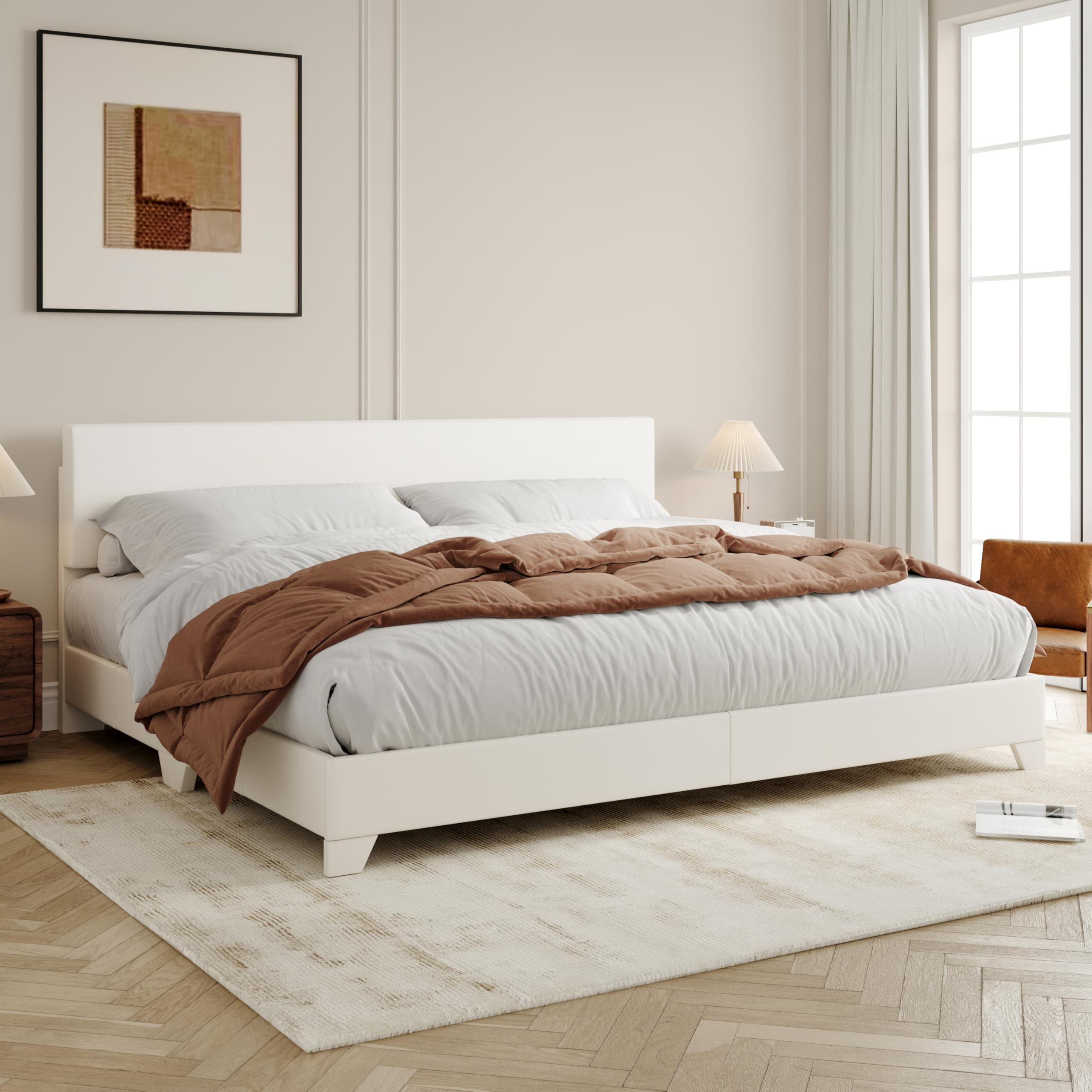 Allewie King Size Bed Frame with Adjustable Headboard Faux Leather Platform Bed with Wood Slats Heavy Duty Mattress