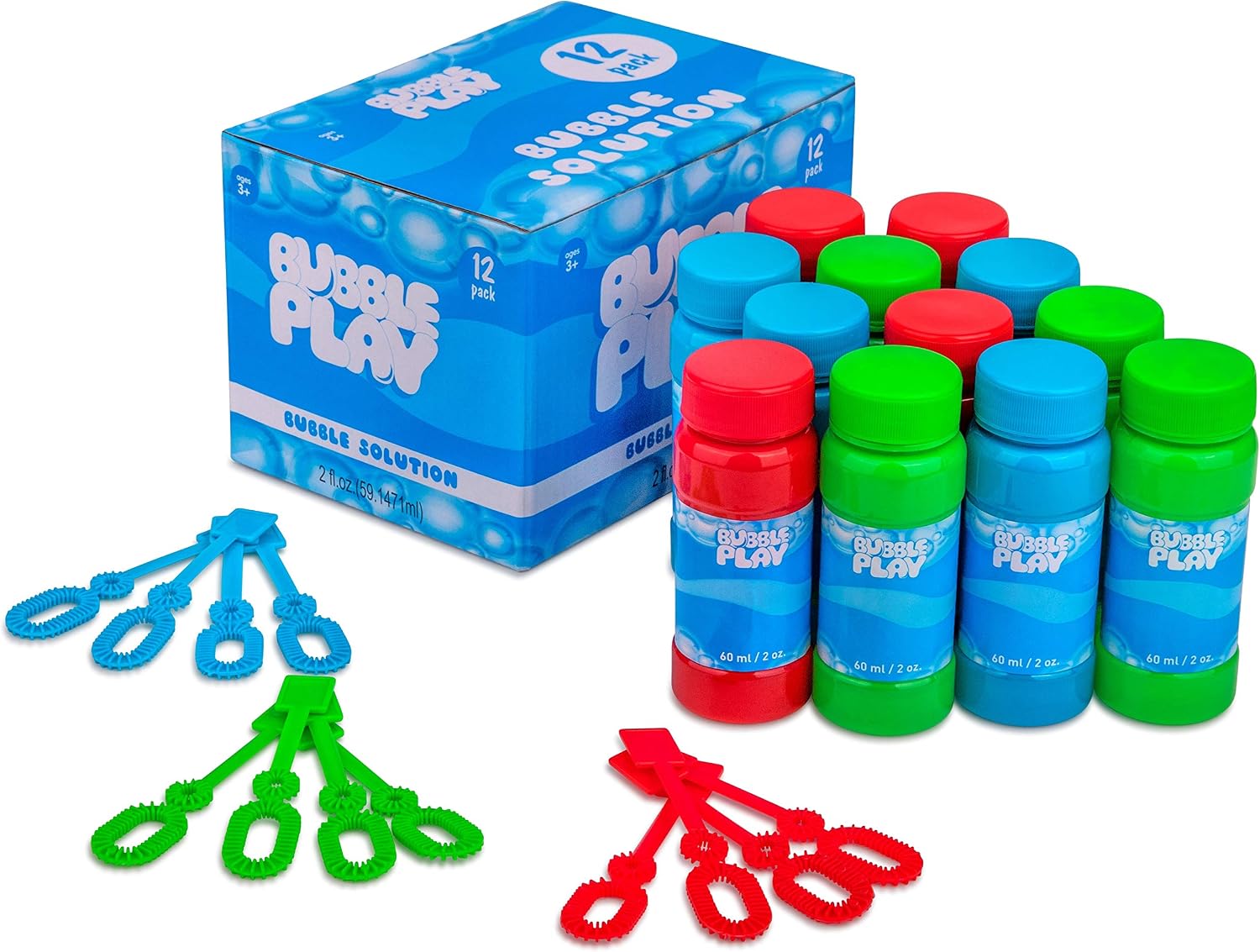 BubblePlay Bubble Blower Bottles with Wands - 12 Pack 2 Oz Bottles of Bubble Solution with Wands for Kids - Outdoor Summer Fun, Birthday Party Favors (12 Pack)