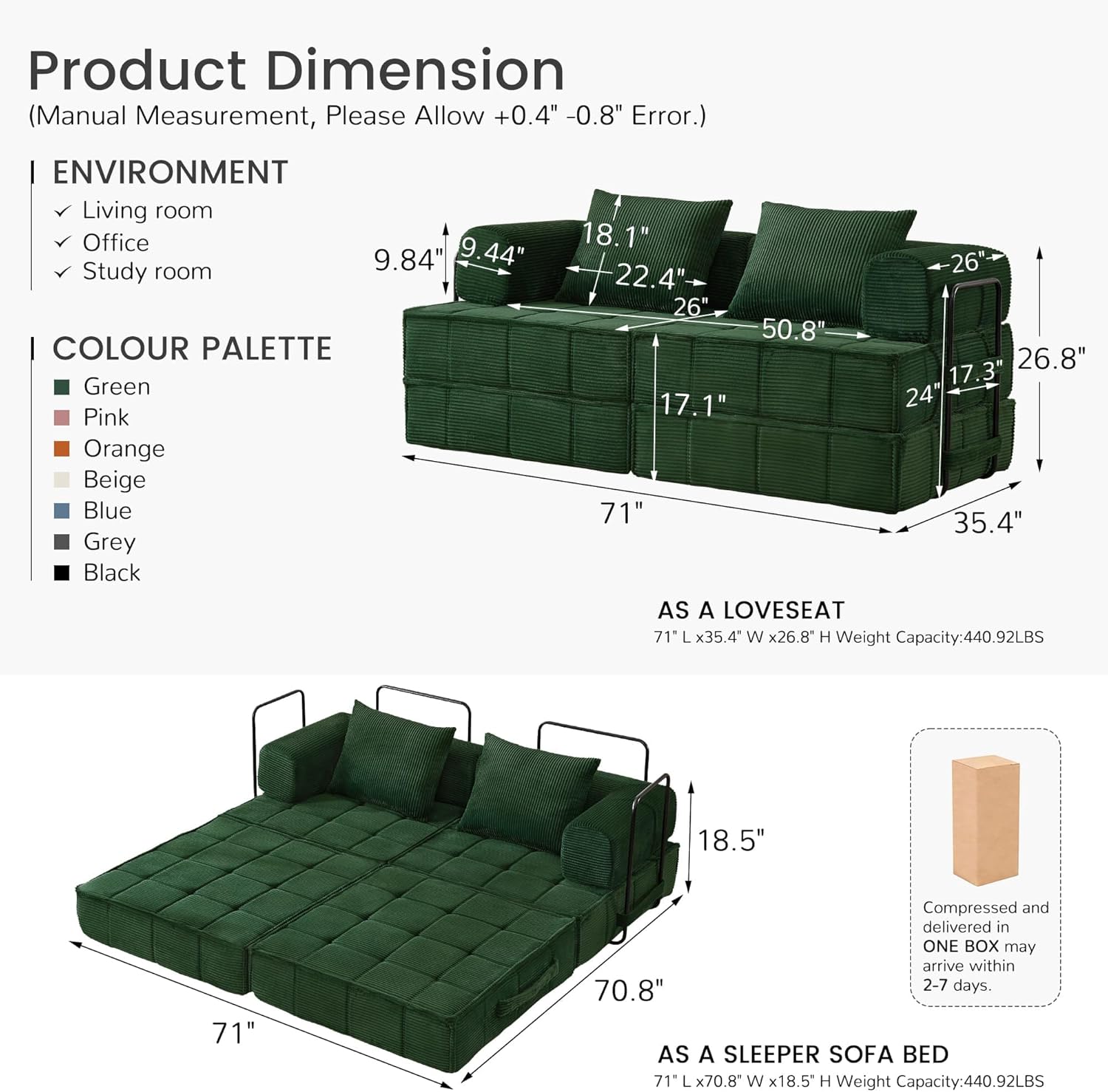 6-in-1 Convertible Sleeper Sofa Bed, Corduroy Folding Mattress Couch with Fixed-Shape Frame, Modular Foldable Boneless Couch, Loveseat Couches with 2 Pillows, for Living Room, Bedroom, Green