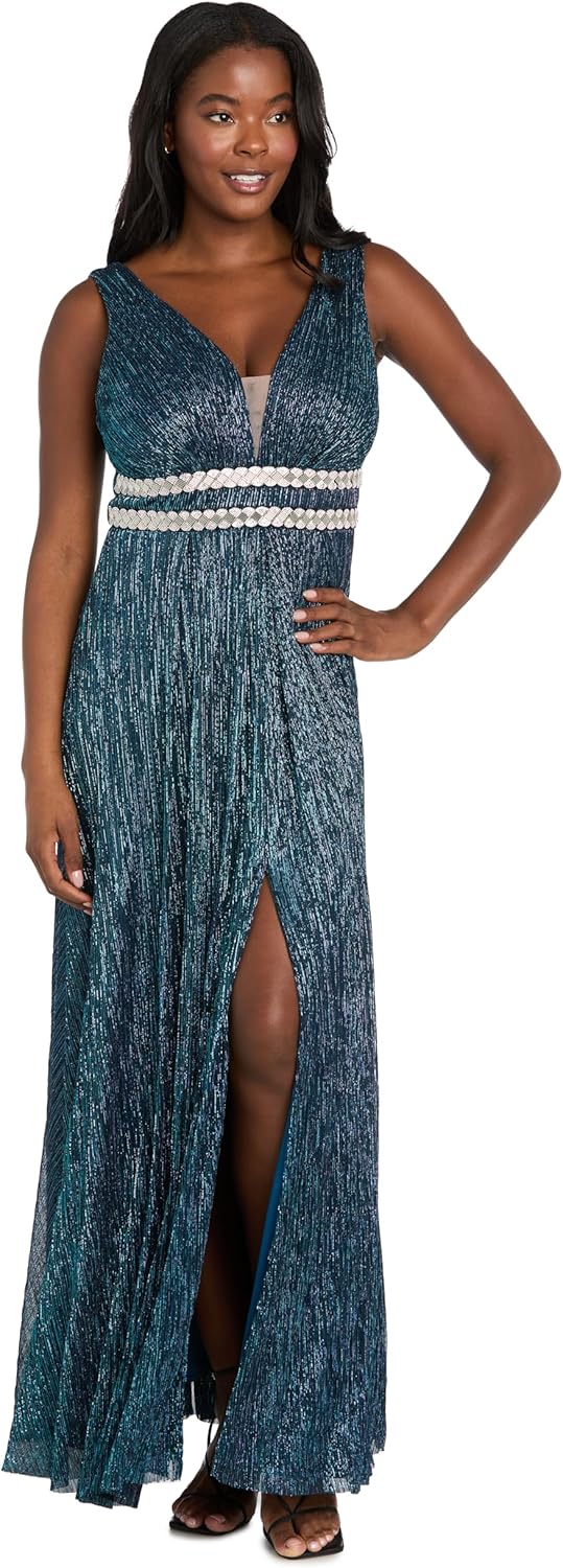 R&M Richards Women's Pleated Maxi Dress W/Illusion V-Neck, Embellished Waistband & Front Slit - Party & Cocktail Gown