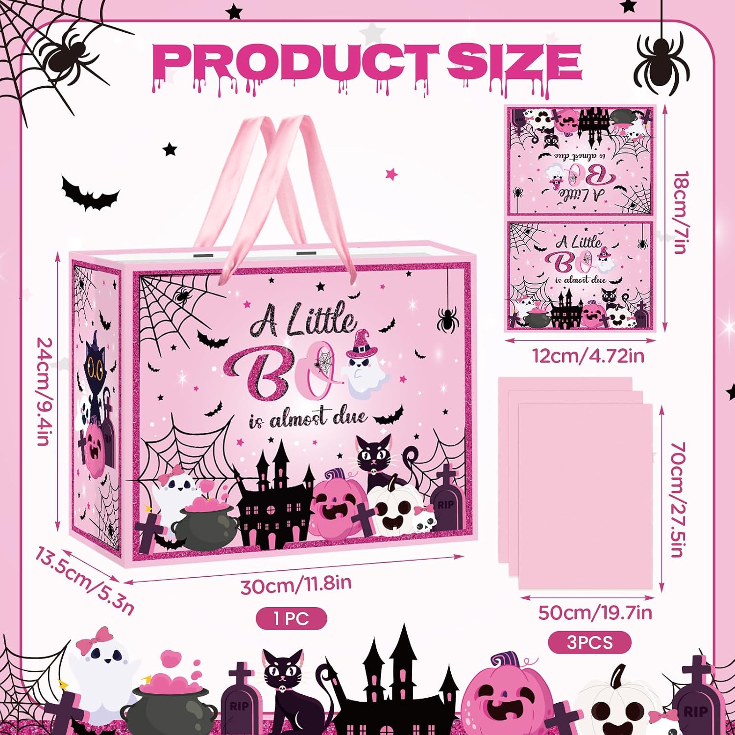 Frakron Halloween Baby Shower Birthday Gift Bag for Baby Girls A Little Boo is Almost Due Bag with Wrapping Paper Card Large Pink Black Ghost Gift Bag for Halloween Baby Shower Bday Party Supplies image 3
