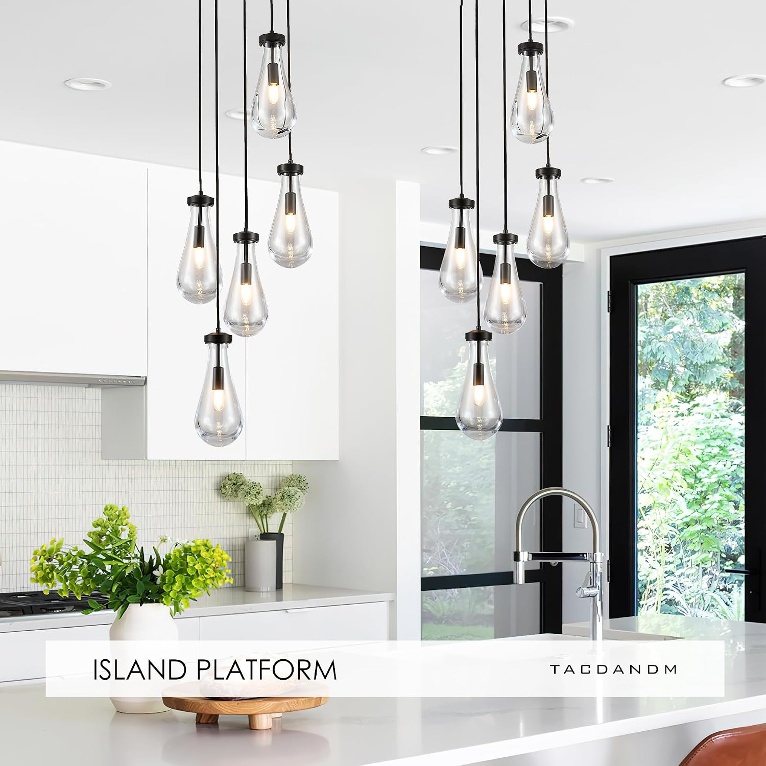 5-Light Raindrop Pendant Light Fixtures, Black Glass Pendant Lighting, Teardrops Modern Hanging Light for Entryway Foyer Kitchen Island Dining Living Room Hallway