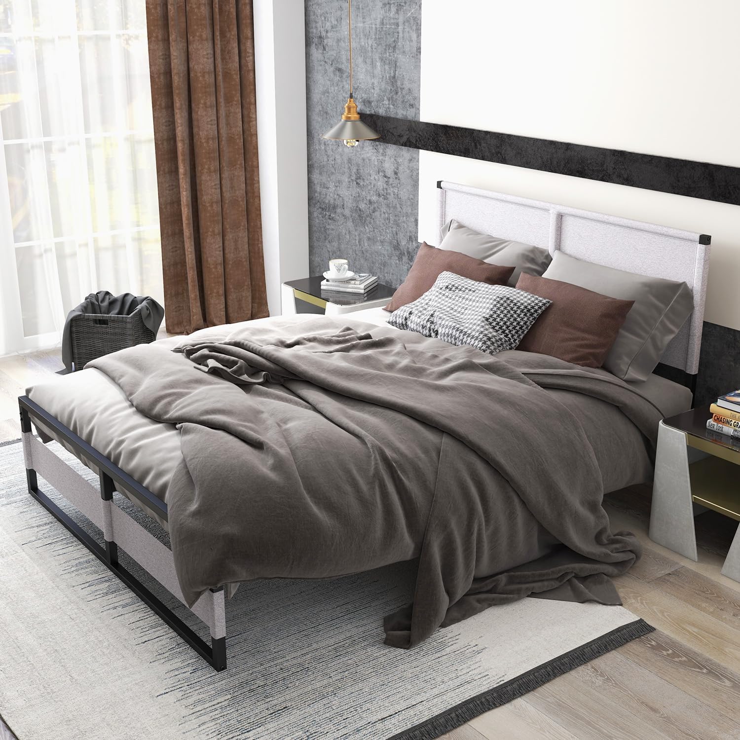 Fangflower Metal Platform Bed Frame with Headboard, 13 Inches King Size Bed Frame, Heavy Duty Steel Slat Mattress Foundation/No Box Spring Needed/Tool Free Setup