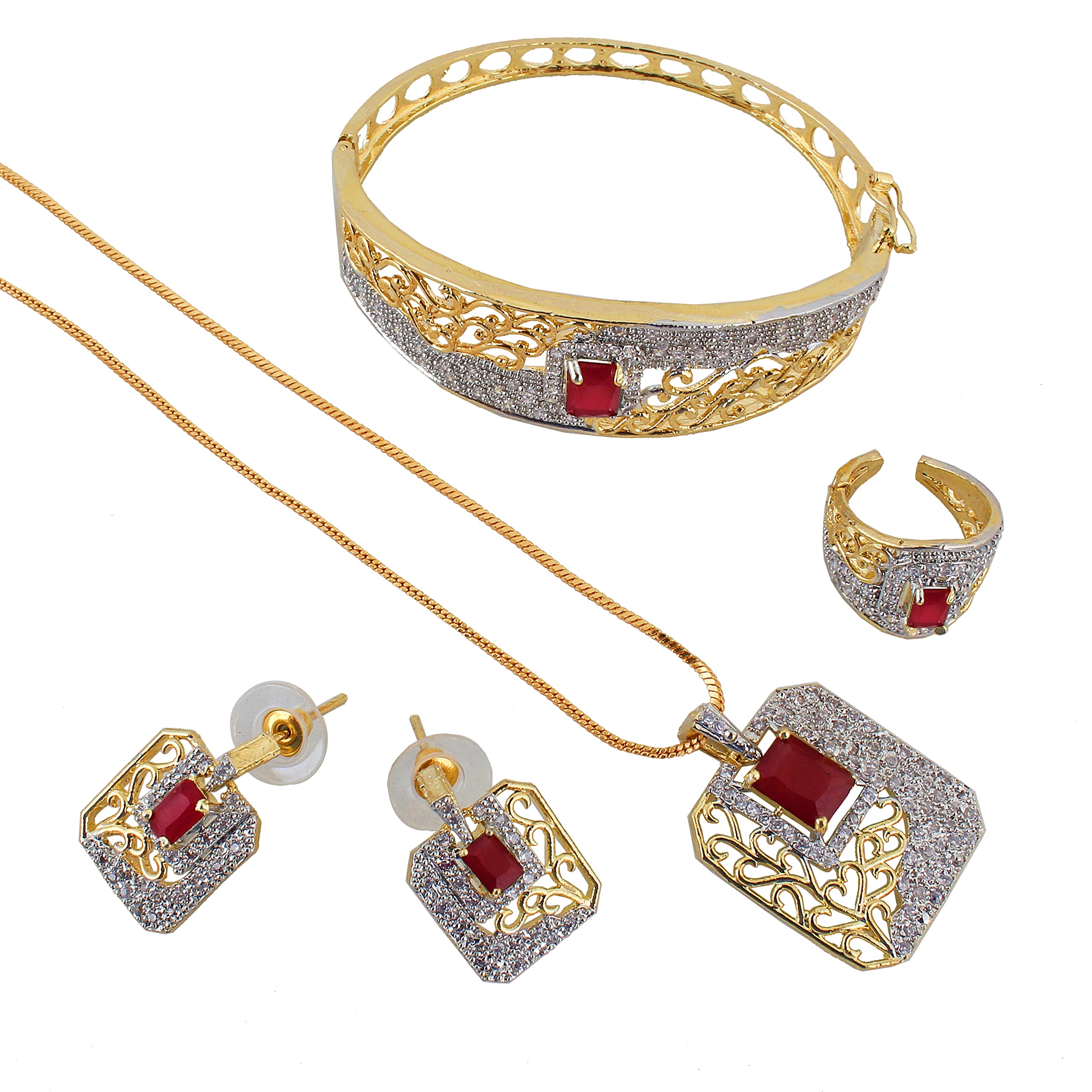 Lucky Jewellery 18K Gold Plated American Diamond (AD) White Color Combo Pendant Set with Earring, Bracelet, & Ring for Girls & Women (575-P4SA-1554-M) (B09T9X5Q1L) Amazon Price History, Amazon Price Tracker