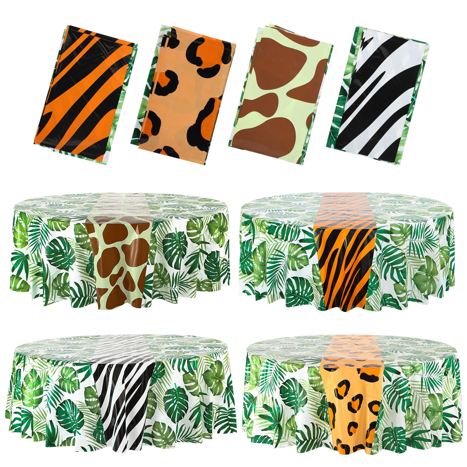 Oudain 4 Pack Animal Safari Tablecloth 84 x 84 Inch Round Jungle Theme Table Cover Tropical Leave Tiger Zebra Giraffe Print Plastic Tablecloth for