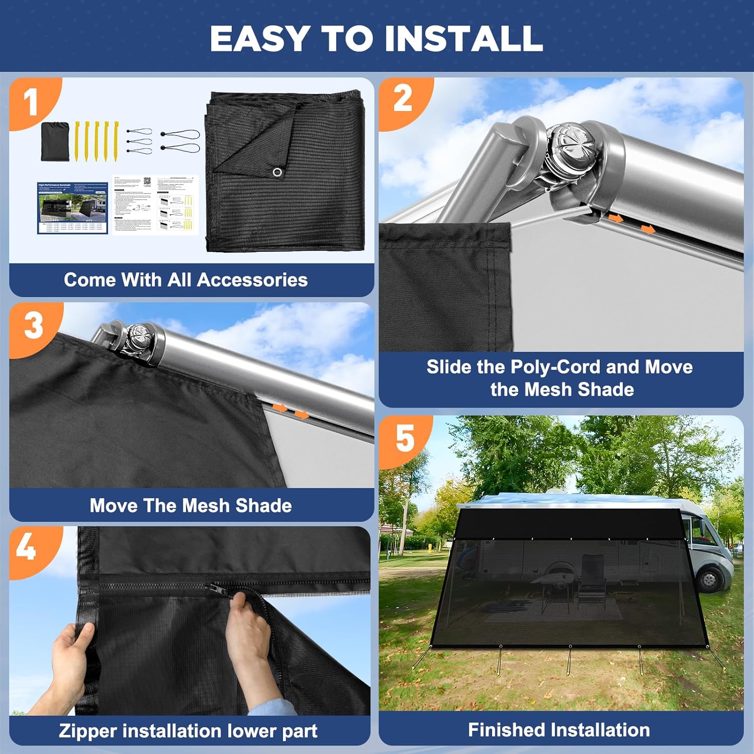 RV Awning Sun Shade Screen with Zipper 9' X 19'3",600D Oxford Cloth + Vinyl Mesh,Sunscreen Shade Complete Kits for Camper Trailer Awning,Black