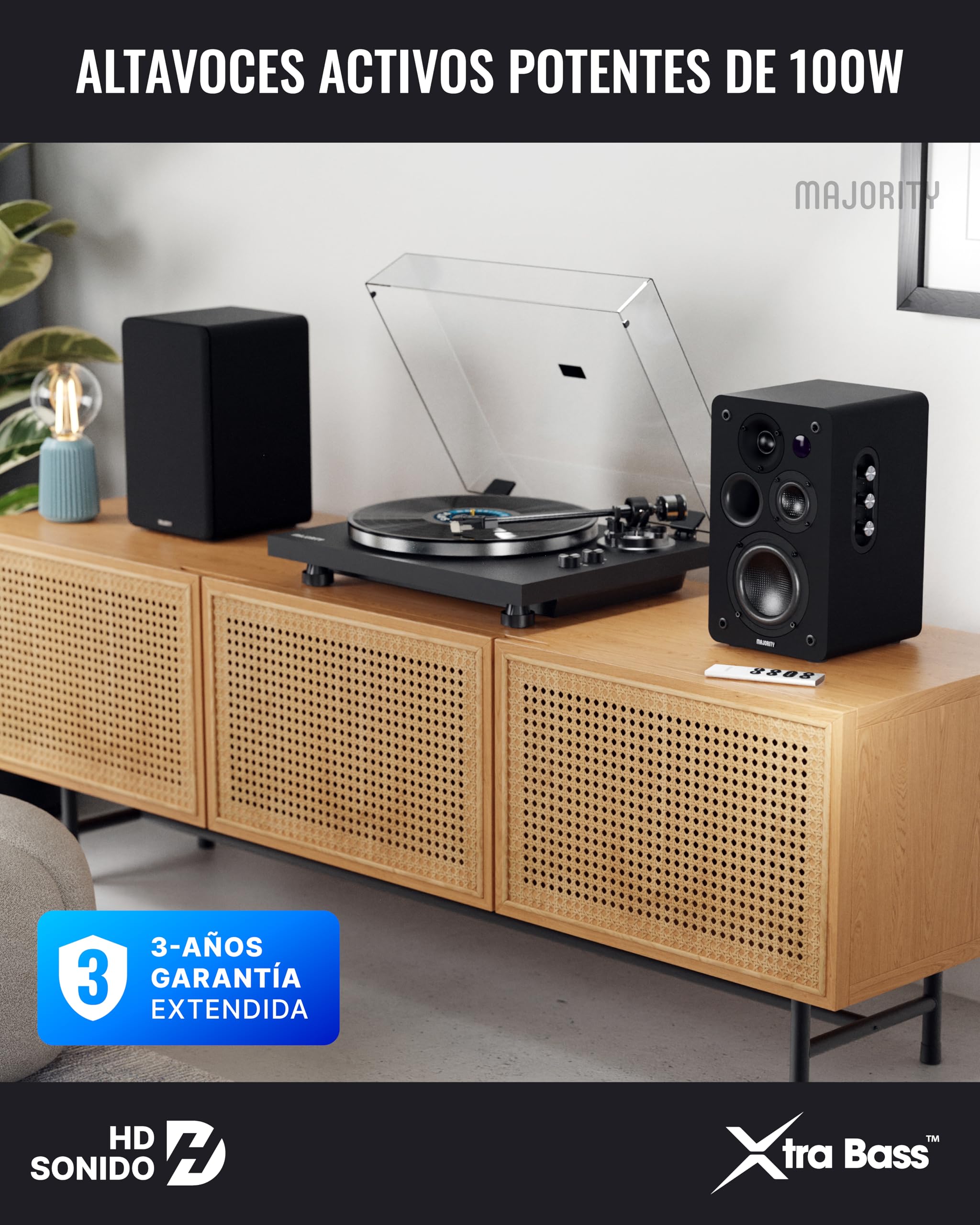 MAJORITY D100X Altavoces Bluetooth Activos | Altavoces HiFi Estéreo 2.0 | 100W | Altavoz para PC, TV, Giradiscos | HDMI ARC, Phono, RCA & AUX (Negro)