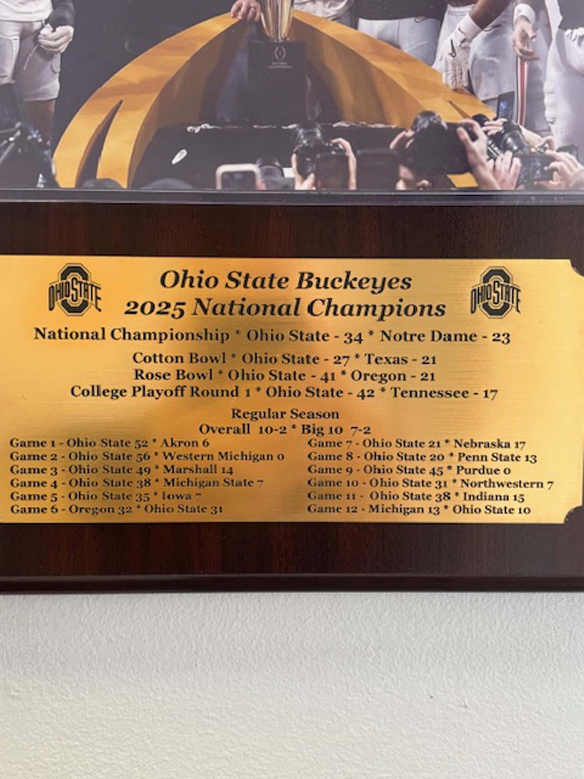 Ohio State 2024-25 National Champions 8x10 Photo Plaque with an Engraved nameplate with The Season Results (Mahogan)