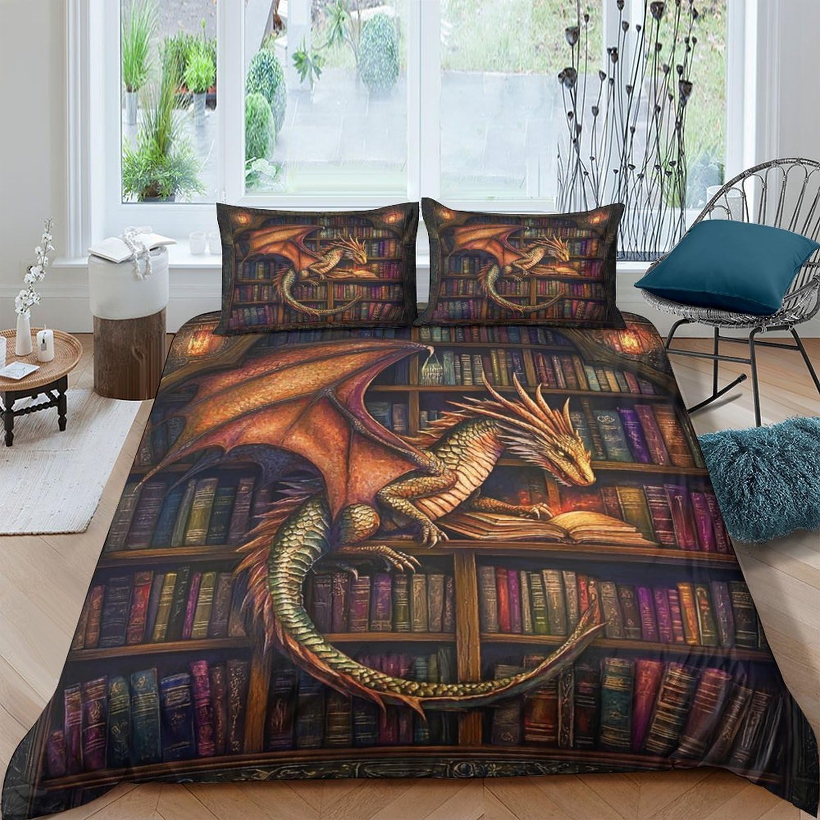Ctjqhvkz Style-1 3D Printed Dragon Library Fitted Sheet Microfiber Bedroom Decor Fantasy Bed Cover For Home Dorm Mattress Protection Single（135X200cm）