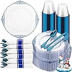 Hioasis 175pcs Clear Blue Plastic Plates - Elegant Disposable Dinnerware Set Suitable for 25 Guests Include 10.25 Dinner & 7.5 Dessert Plates, Pre Rolled Silverware Set, Cups for Party & Christmas