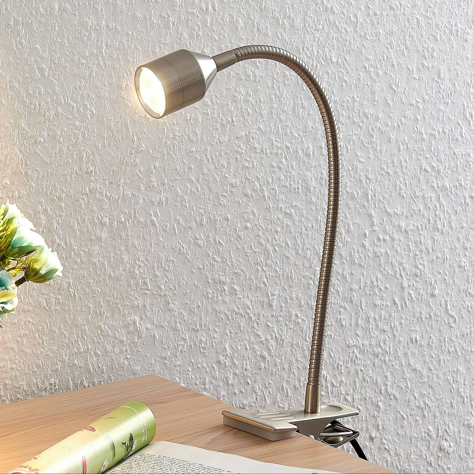 Lindby Bombillas LED lámpara de pinza en níquel satinado, luz lectura | moderno, 3000 k blanco cálido, con pinza para oficina, espacio de trabajo, dormitorio
