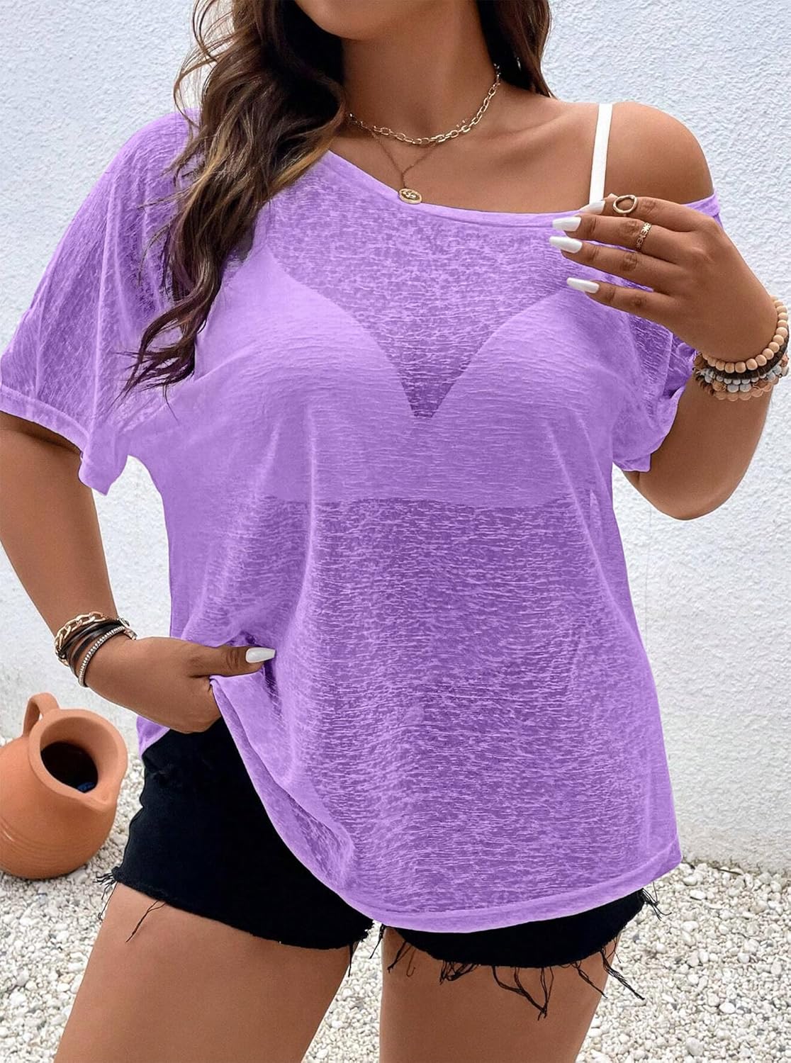 Hilinker Women's Plus Size Sheer Mesh Short Sleeve Top Sexy See Through T Shirt Off Shoulder Blouse Loose Fit - Image 2