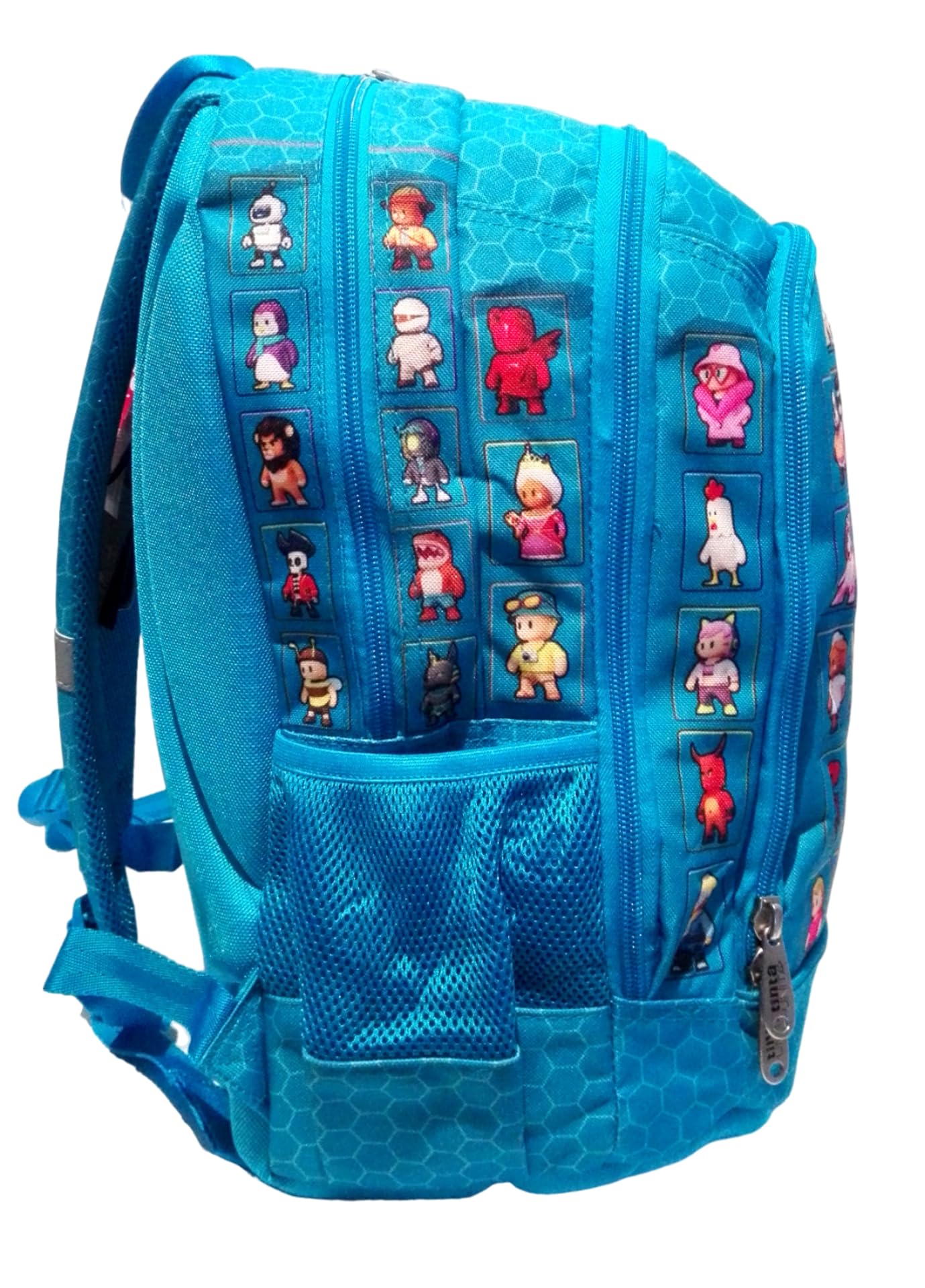 PRESTIGE & DELUXE Zaino Scuola Stumble Guys Azzurro Tondo 3 scomparti con badge - Tinta Unita Pool Over + Astuccio ovale + 7 Penne cancellabili e portachiave Stumble Guys