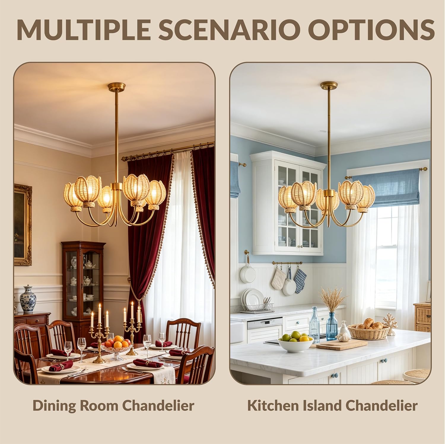 Natural Wicker Shapes Chandelier, Four Tulip-Style Shades Chandelier, Vintage Hand in Burnished Brass Light Fixture for Bedroom, Dining Room,Living Room