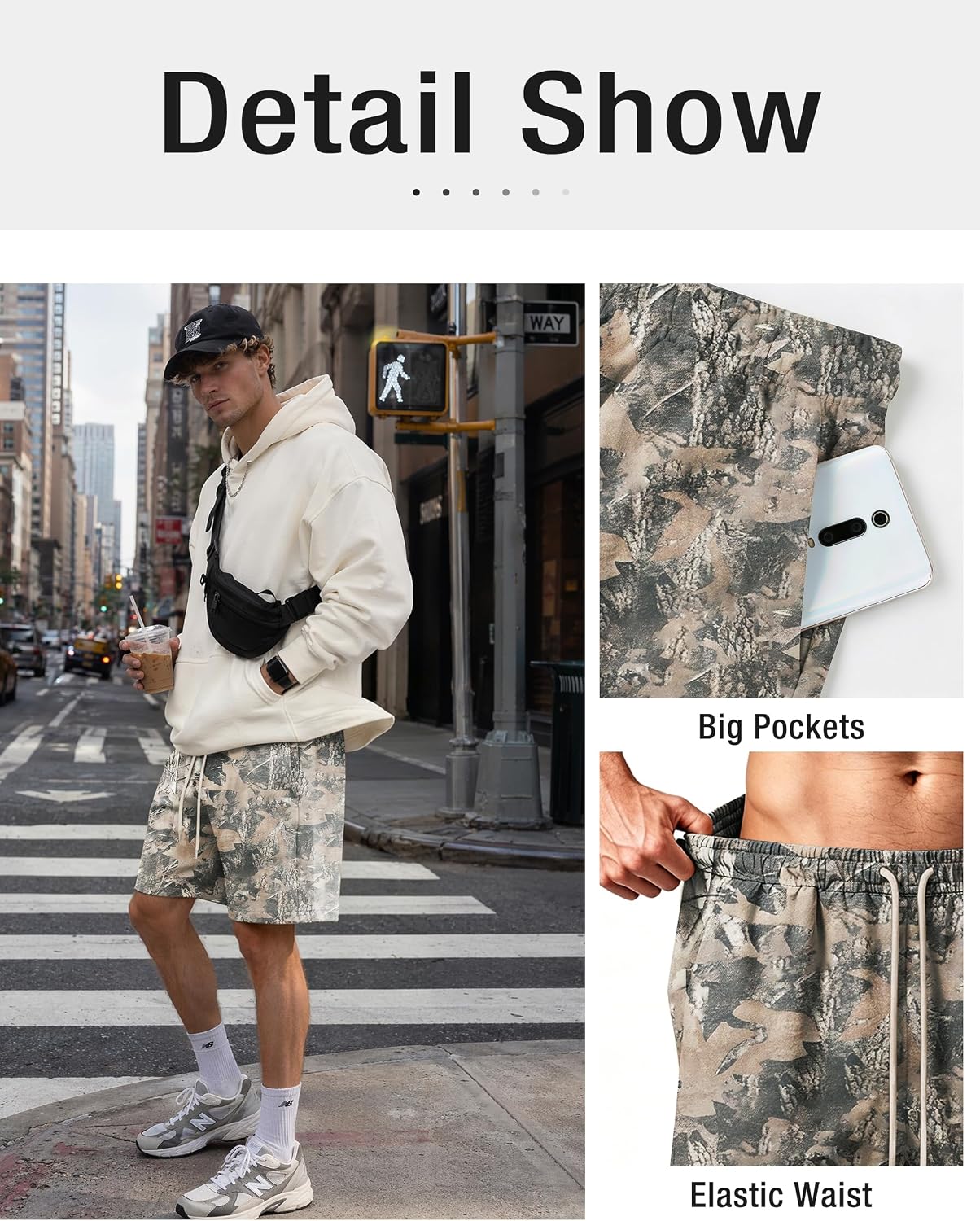 Ziesexy 2026 Mens Camo Sweat Shorts Loose Elastic Waist Maple Leaf Print Summer Shorts with Pockets
