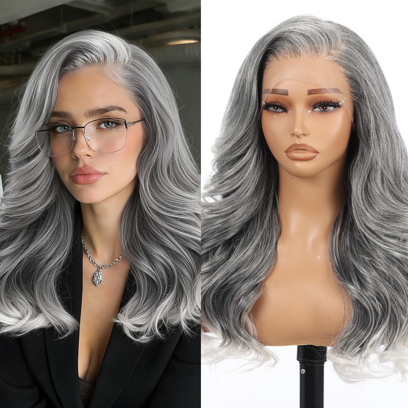 Allbell 13x6 Grey Lace Front Wig for Black Women,Glueless Synthetic HD Lace Wigs,22Inch Body Wave Hair Replacement